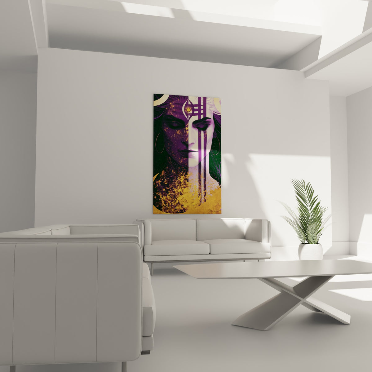 Visage mystique de Shiva violet et or au-dessus d'un canapé dans un salon lumineux