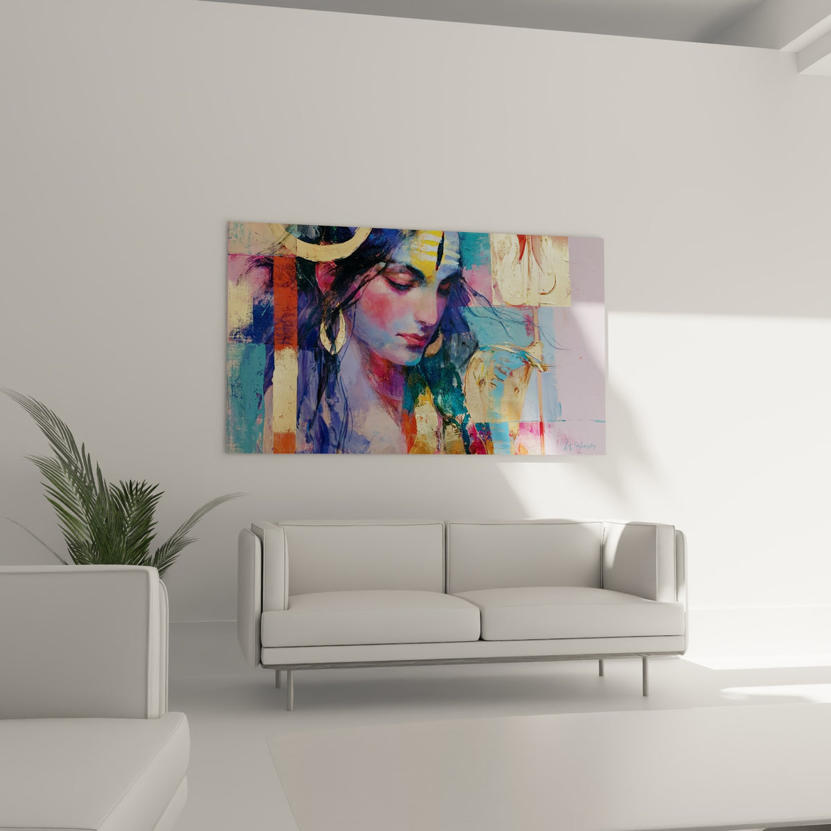 Figure sacrée aux teintes mauve et dorée, méditation silencieuse, au-dessus d'un canapé dans un salon lumineux