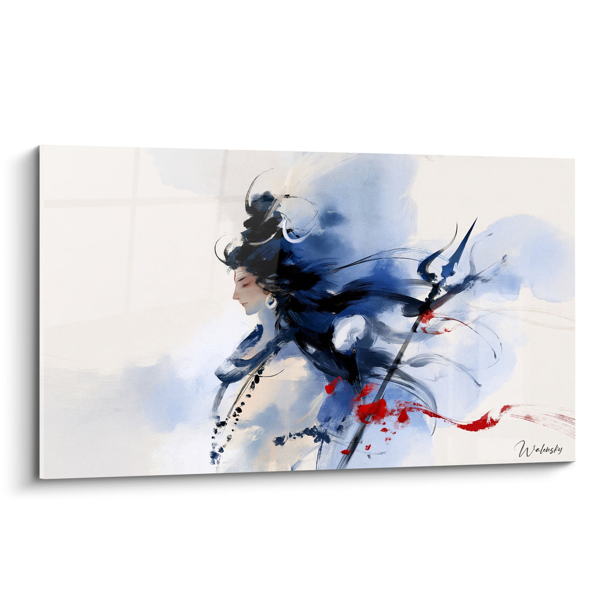 Shiva de profil aux cheveux bleu marine et trident rouge, style aquarelle sur fond ivoire