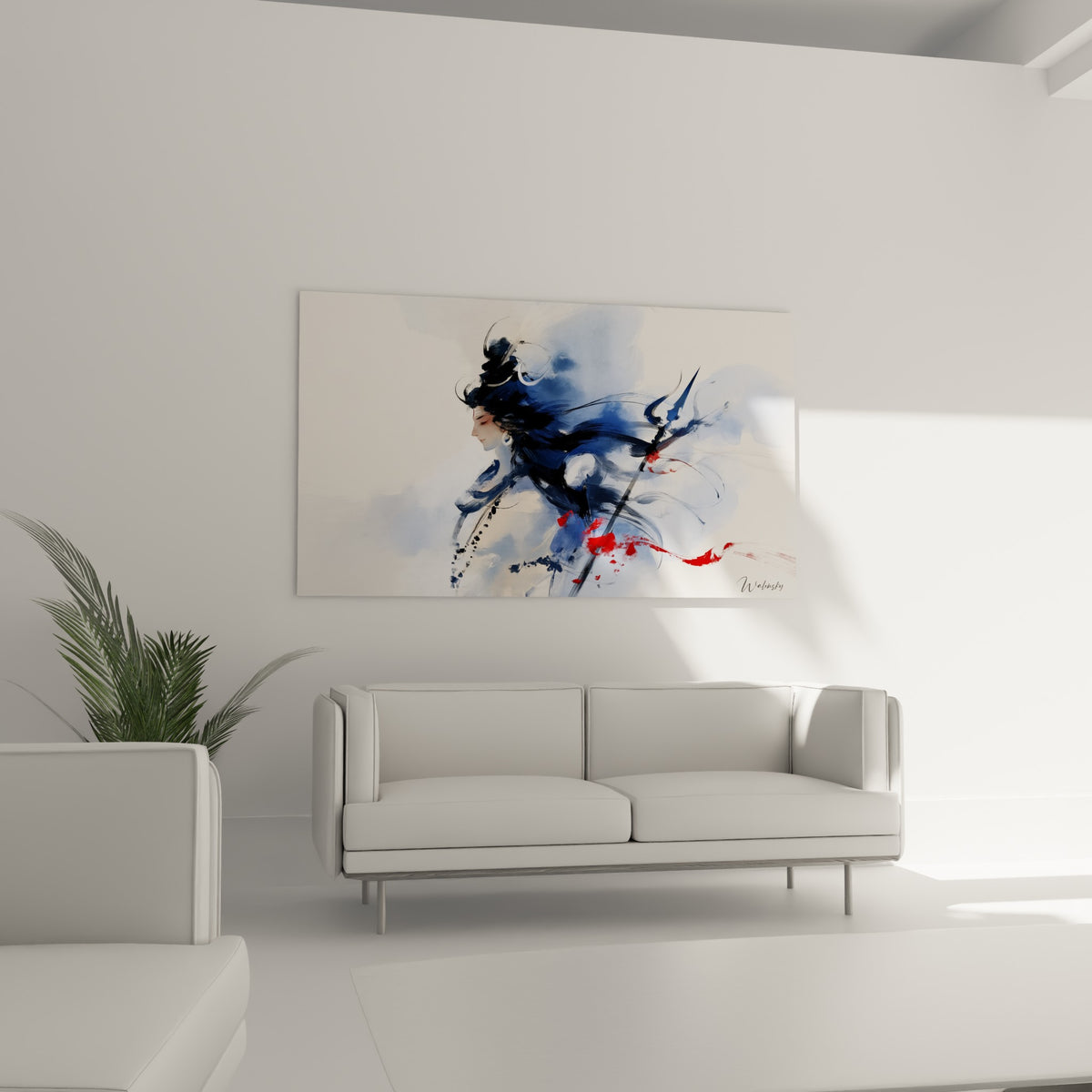 Portrait de Shiva au trident, tons bleu marine et rouge sang, au-dessus d'un canapé dans un salon lumineux