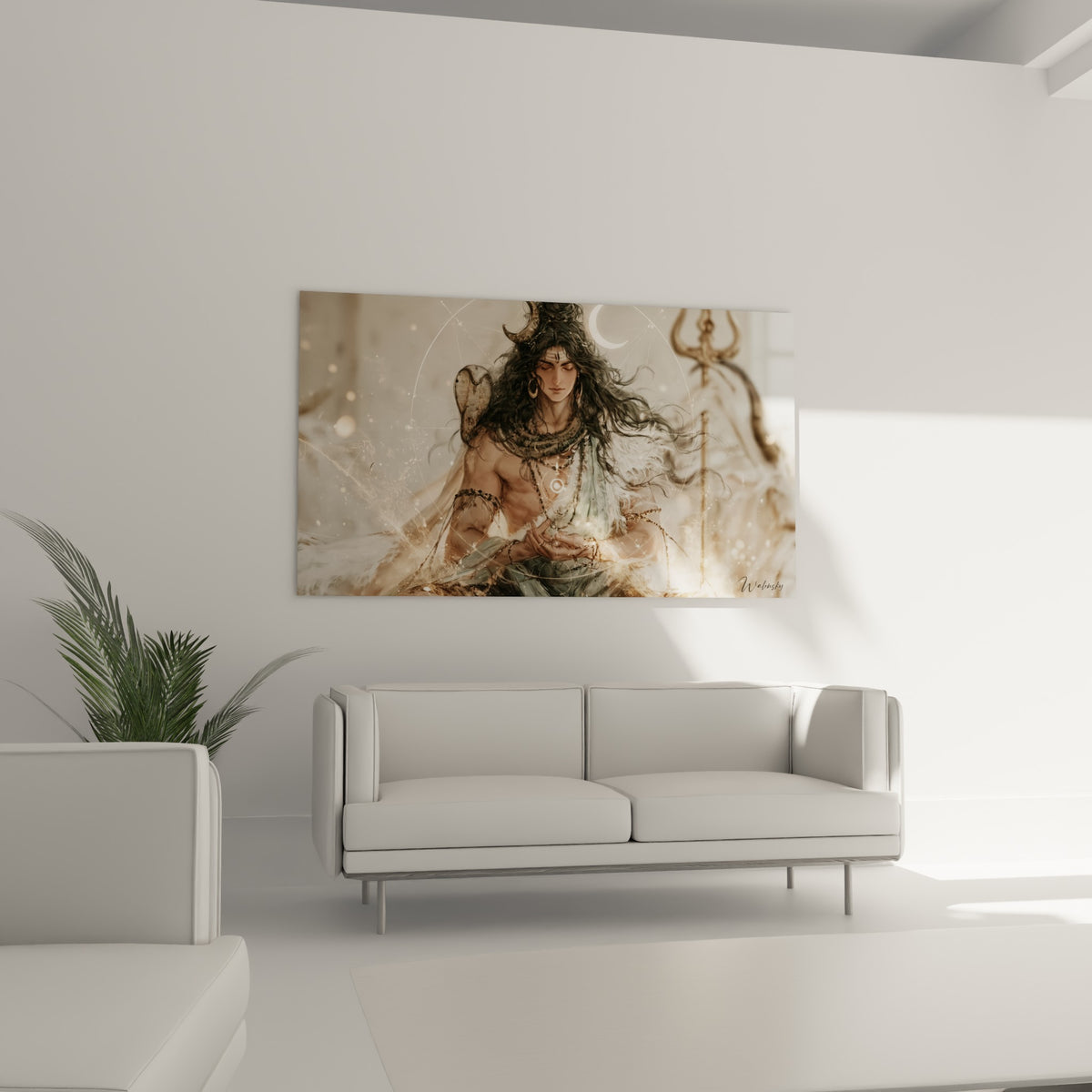 Figure de Shiva méditant, mains jointes et voile bleu-vert pâle, au-dessus d'un canapé dans un salon lumineux