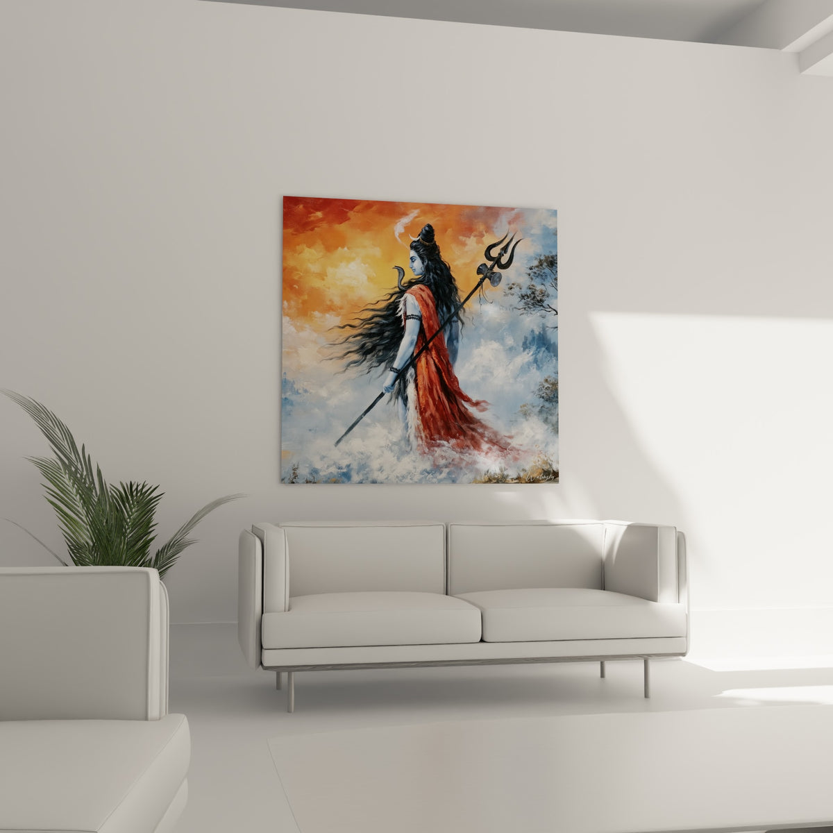 Shiva porte le trident sombre, peau bleu-grisée et ciel ambré, au-dessus d'un canapé dans un salon lumineux