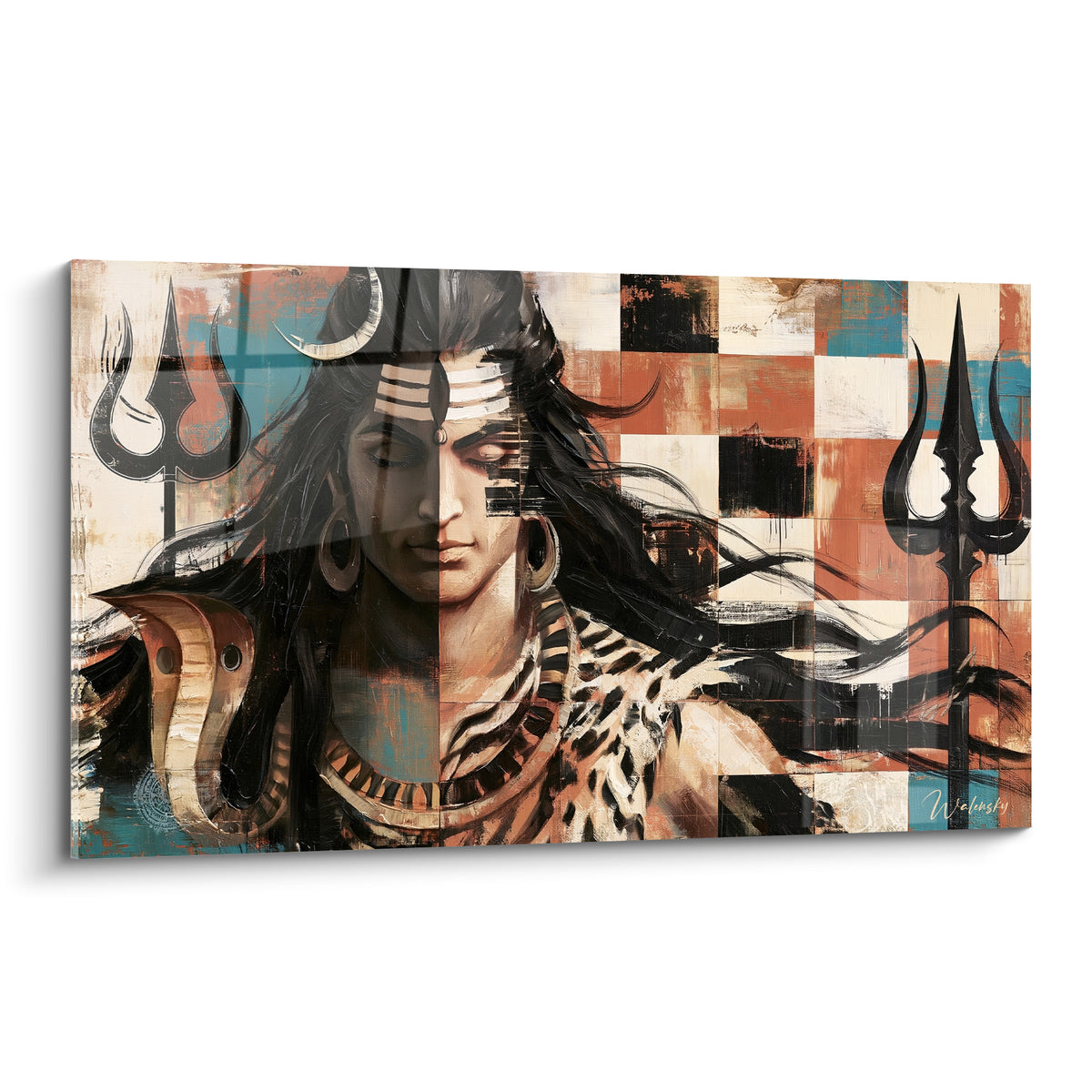 Shiva médite, visage terracotta et anthracite, trishulas noirs sur fond en damier bleu sarcelle