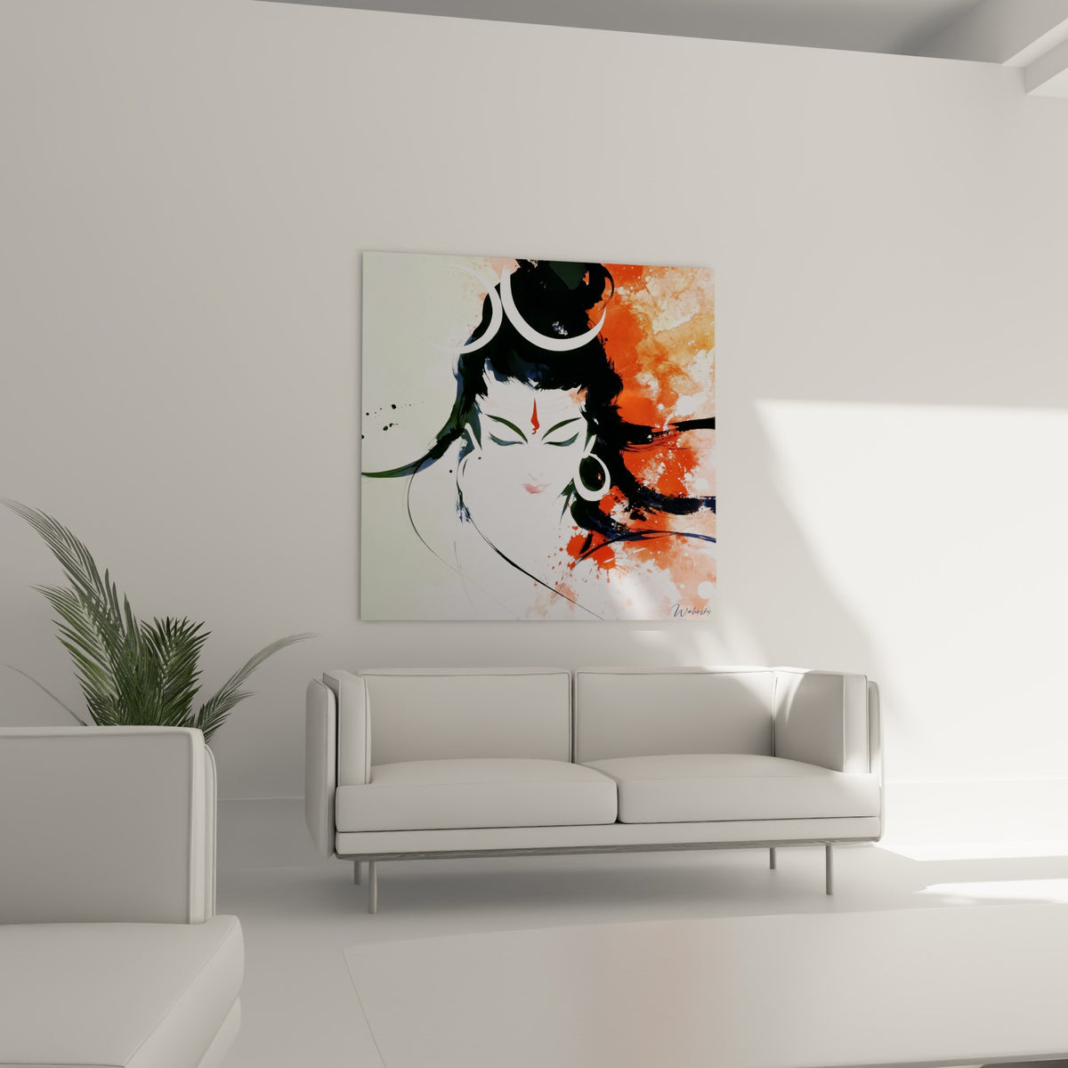 Shiva méditatif aux touches terracotta suspendu au-dessus d'un canapé dans un salon lumineux