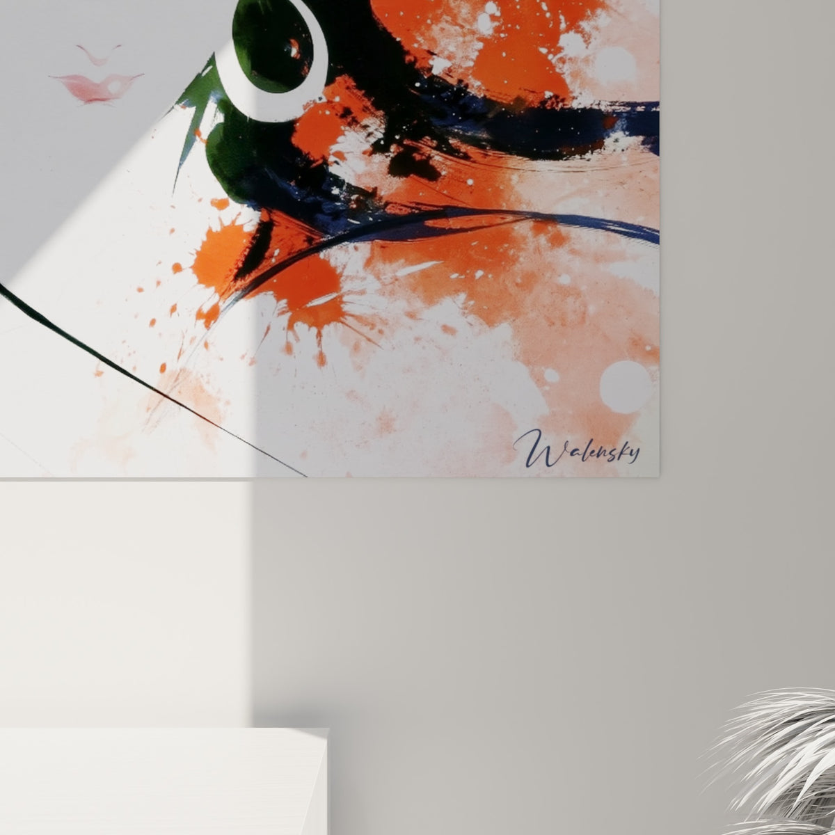 Empâtements orange et coulures noires visibles de près sur cette œuvre de Shiva accrochée au mur