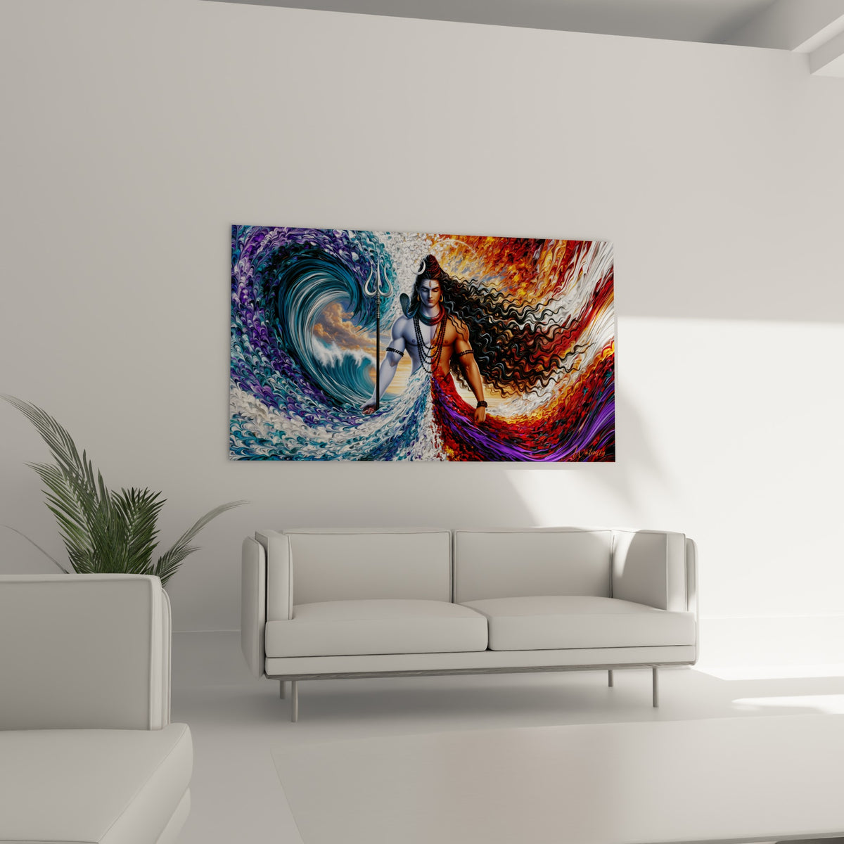 Figure de Shiva entourée de tourbillons violet et orangé, placée au-dessus d'un canapé dans un salon lumineux