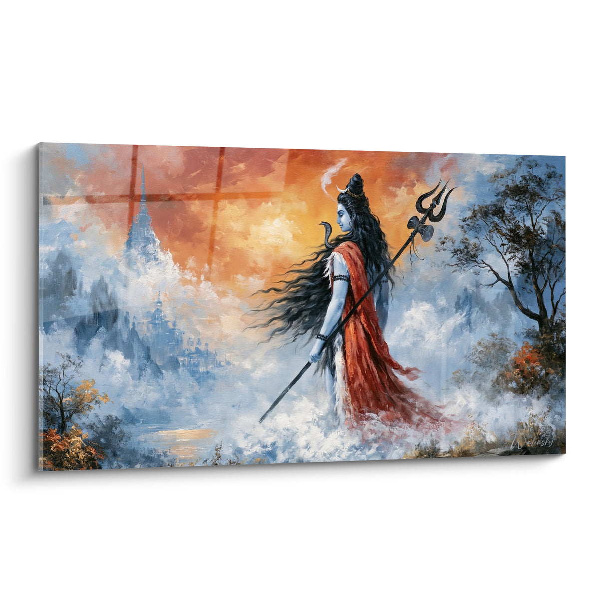 Shiva marche trident en main, drapé terracotta et brume bleutée, ciel orangé peint en aquarelle
