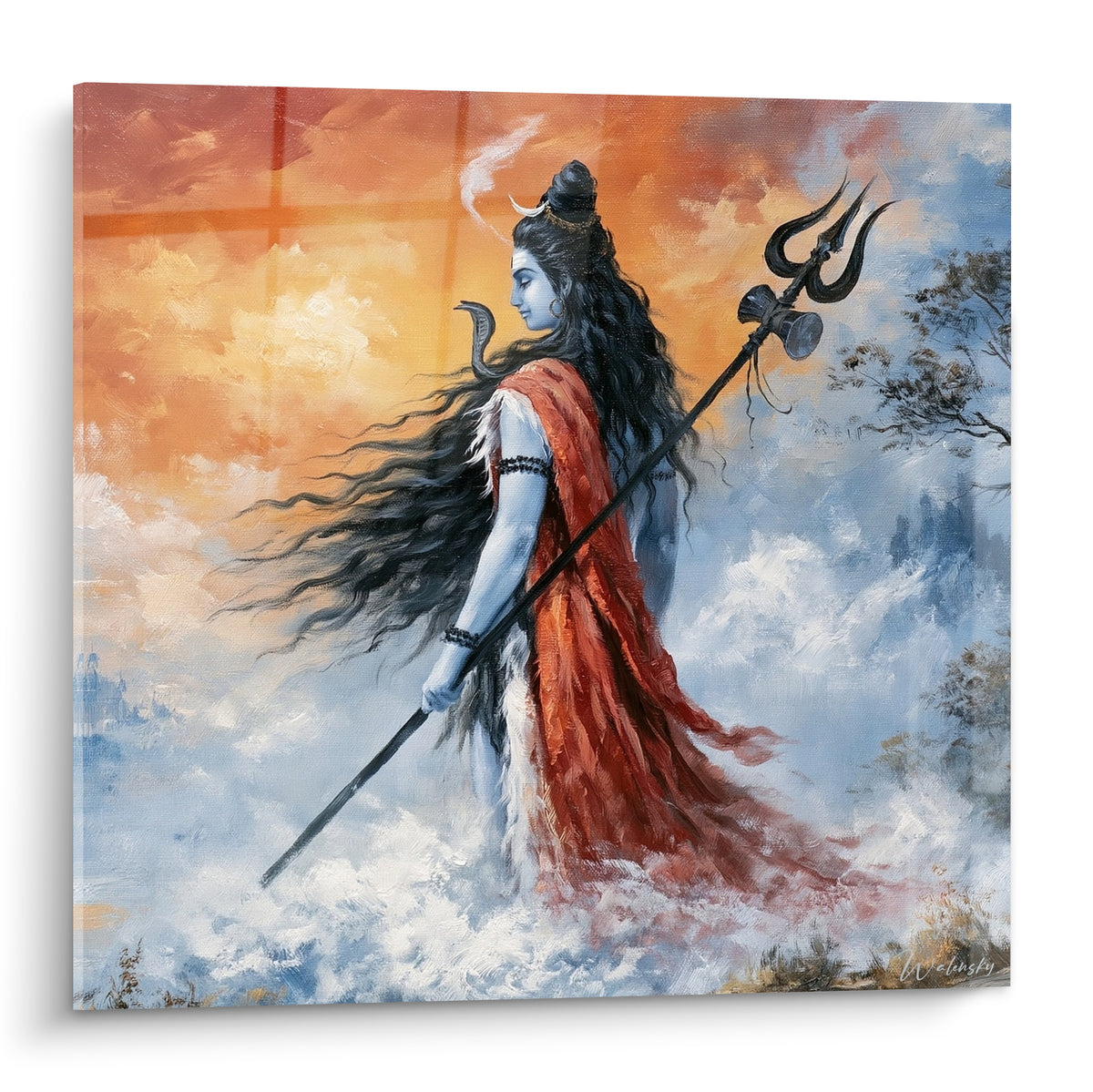 Shiva marche trident en main, drapé rouge terracotta, ciel orange et brume bleu pastel derrière lui
