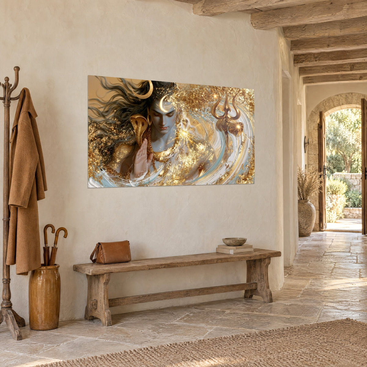 Wall art meditative Hindu deity, long black hair and crescent moon, gold highlights and ivory foam, stone-clad hallway