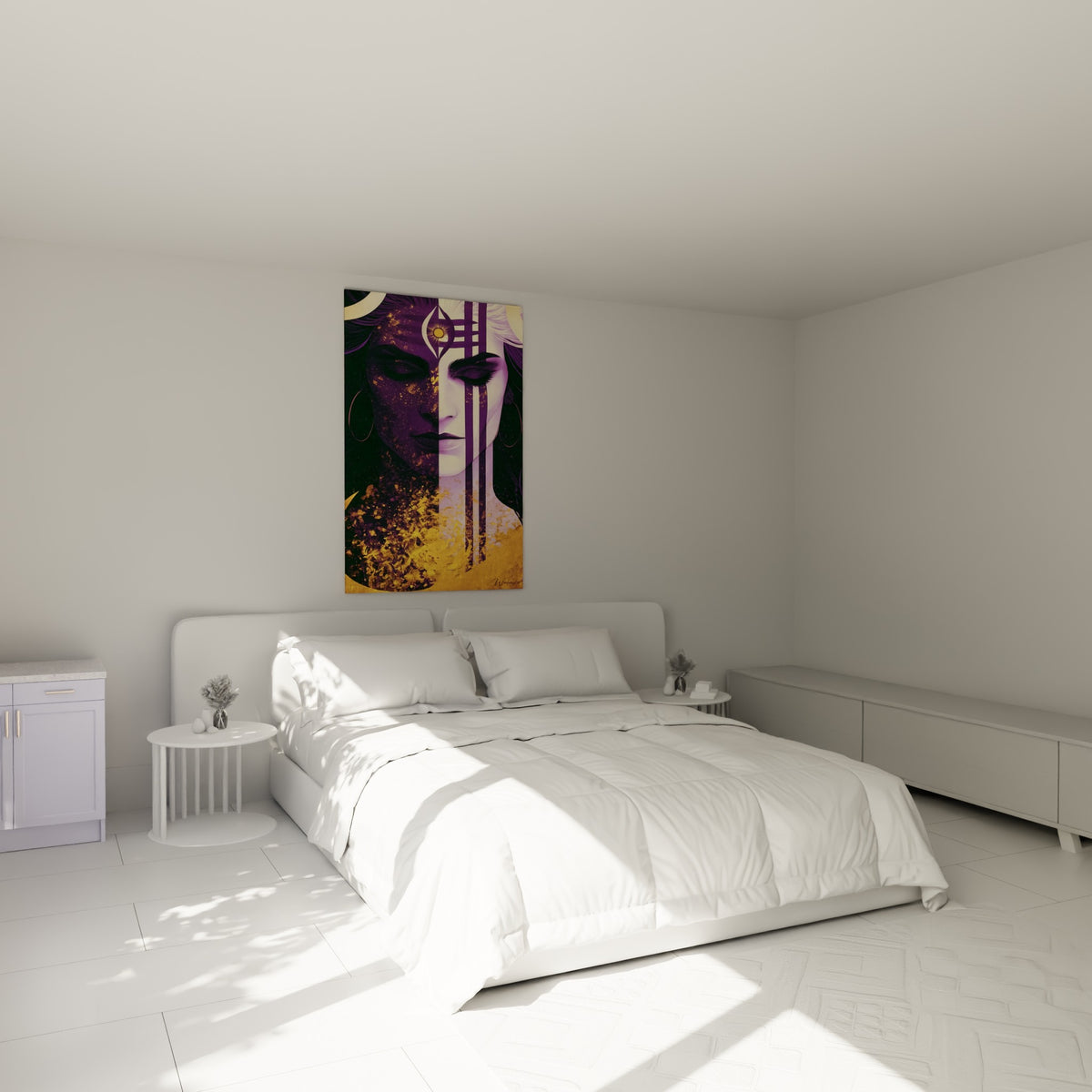 Portrait de Shiva anthracite et doré au-dessus d'un lit dans une chambre claire