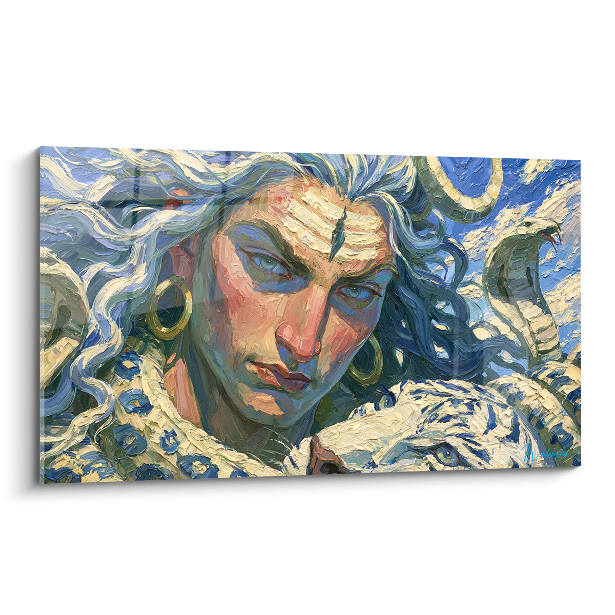 Shiva au troisième œil bleu, chevelure blanche et fourrure dorée, cobras dressés en arrière-plan