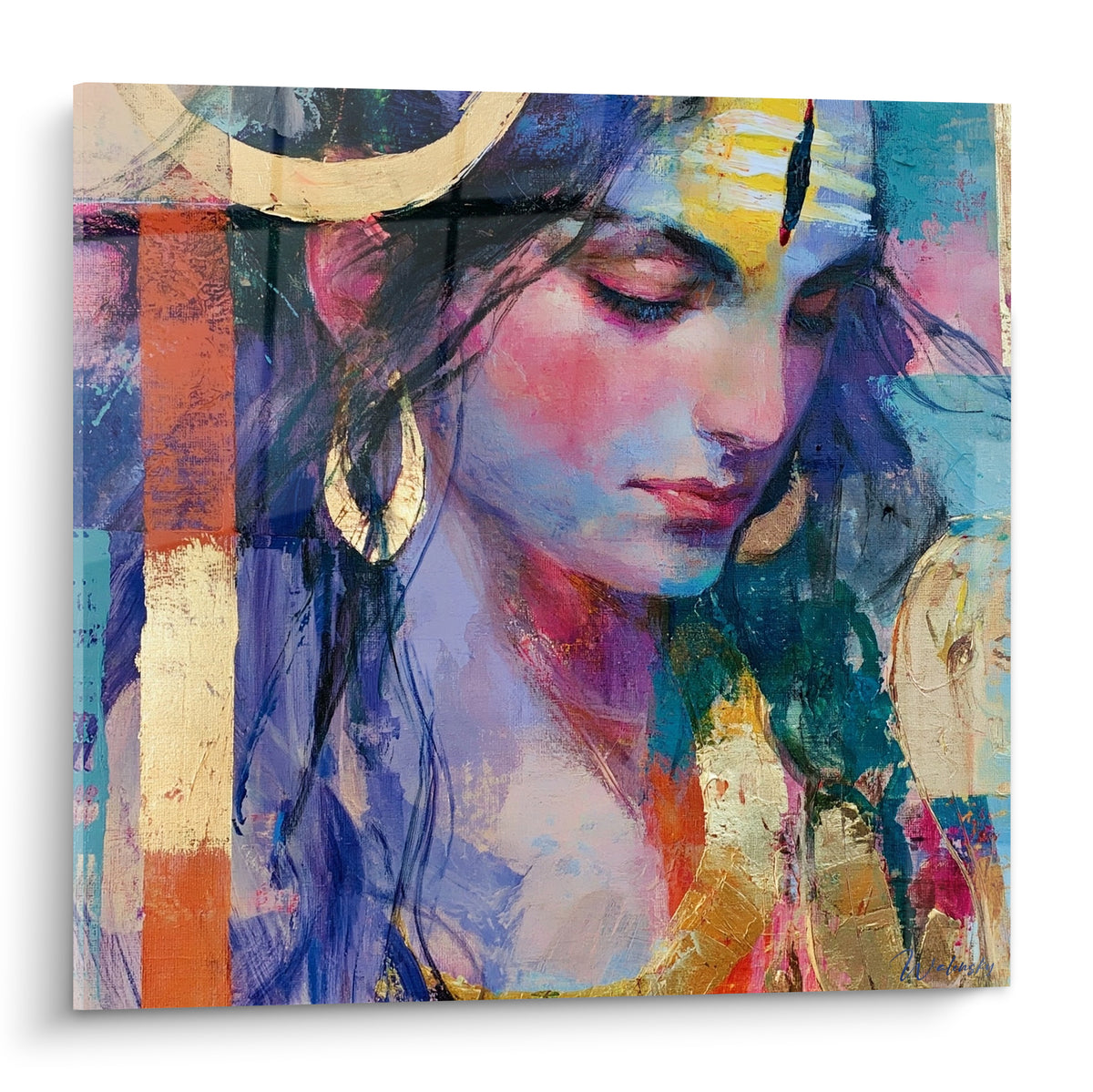Shiva au visage penché, tons bleu et doré, boucle d'oreille dorée et marque frontale jaune