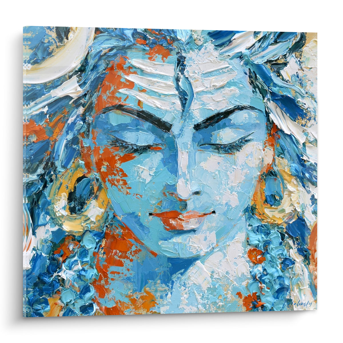 Shiva aux yeux clos, visage bleu texturé et mèches orange, peinture au couteau expressive