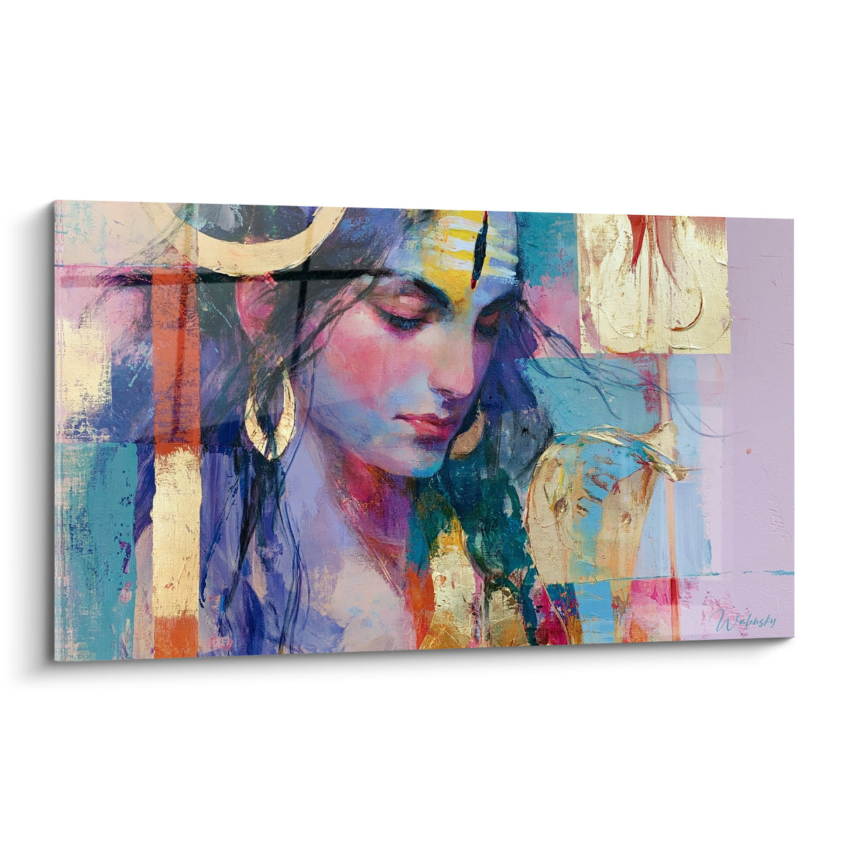 Shiva au visage baissé, tons bleu turquoise et doré, composition géométrique en aplats colorés