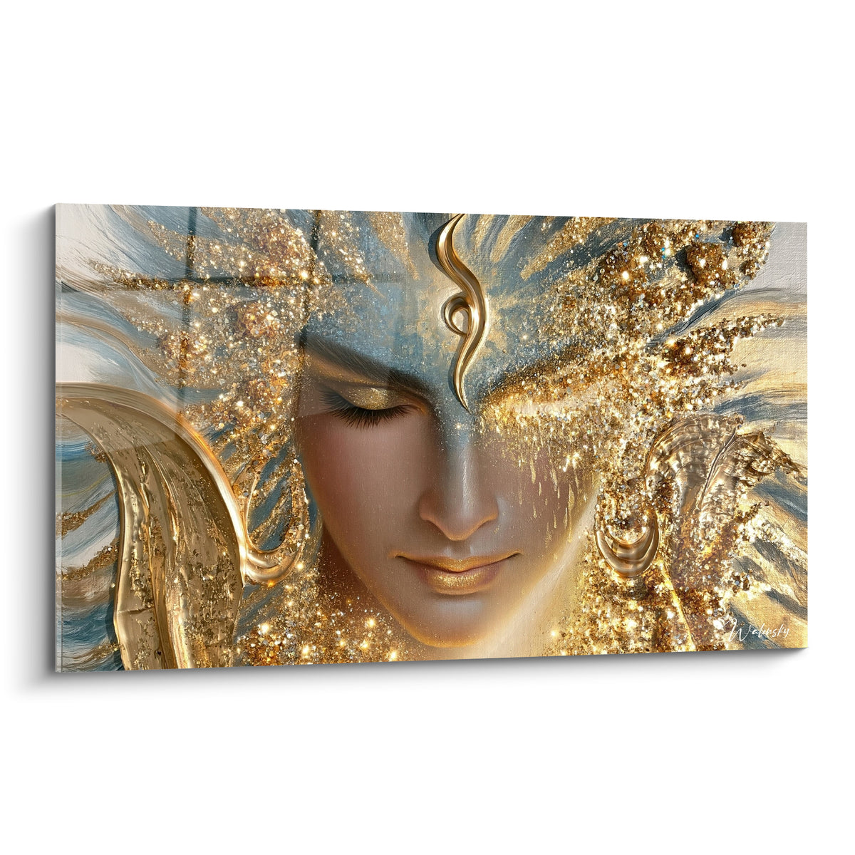 Shiva au visage doré, yeux clos, éclats bleu pastel et croissant sur le front, style scintillant
