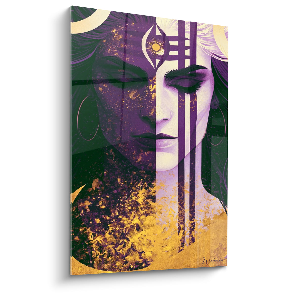 Shiva au visage mi-ombre mi-lumière, troisième œil doré, bandes violettes verticales
