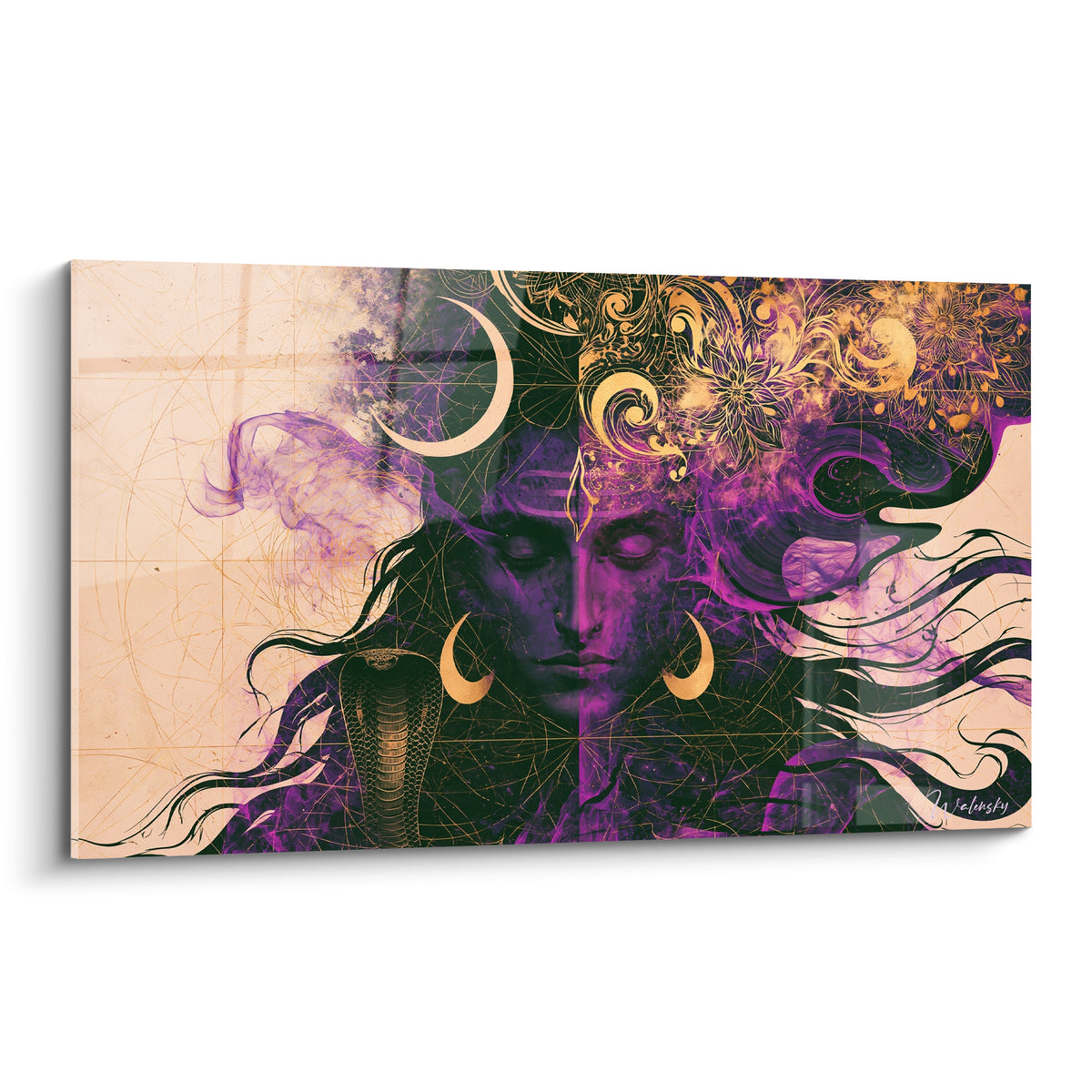 Shiva au visage violet et doré, yeux clos, cobra sculpté et croissants lunaires en fumée pourpre