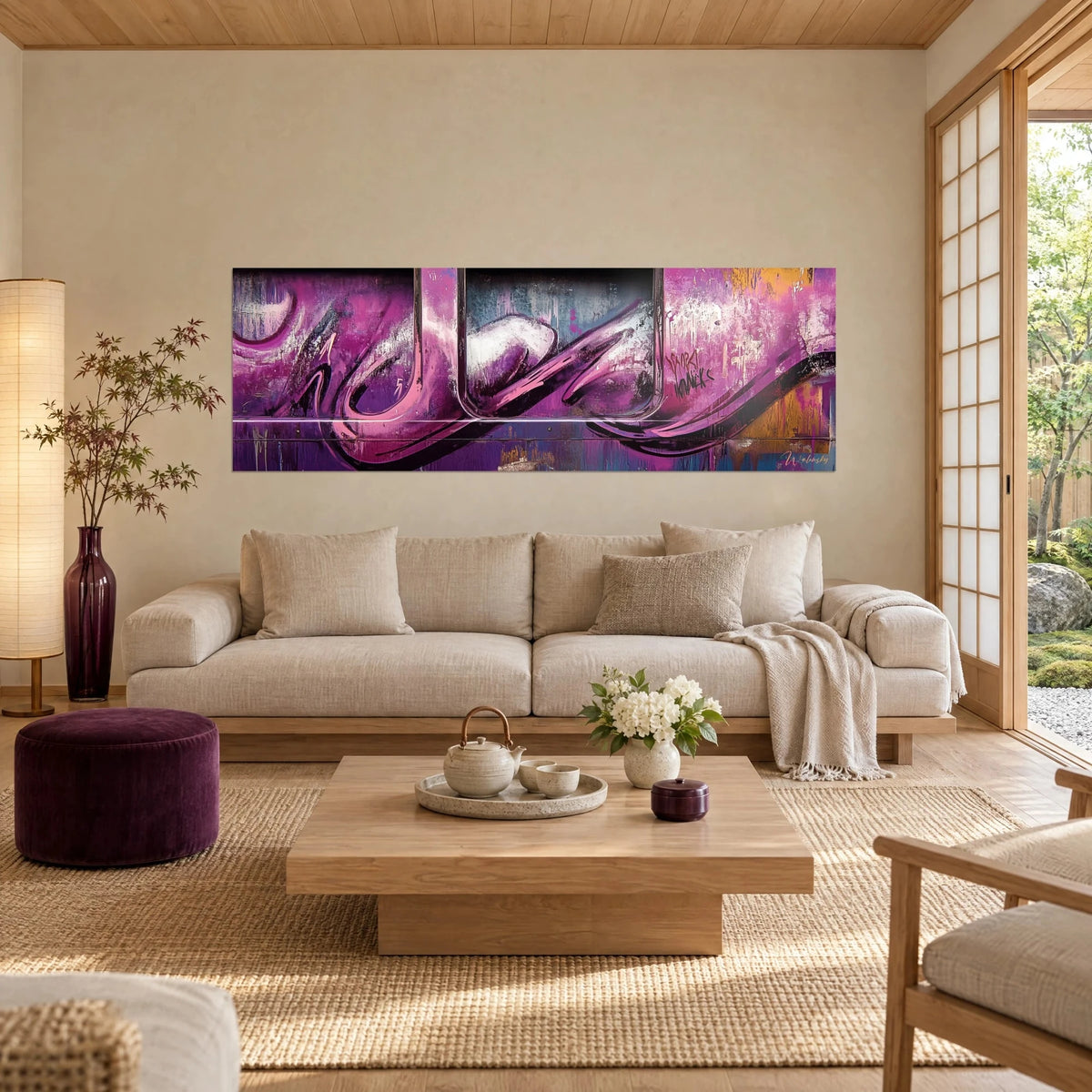 Tableau lettrage graffiti pourpre et rose, coulures bleues et ocres sur métal, panoramique, au-dessus d'un canapé dans un salon lumineux