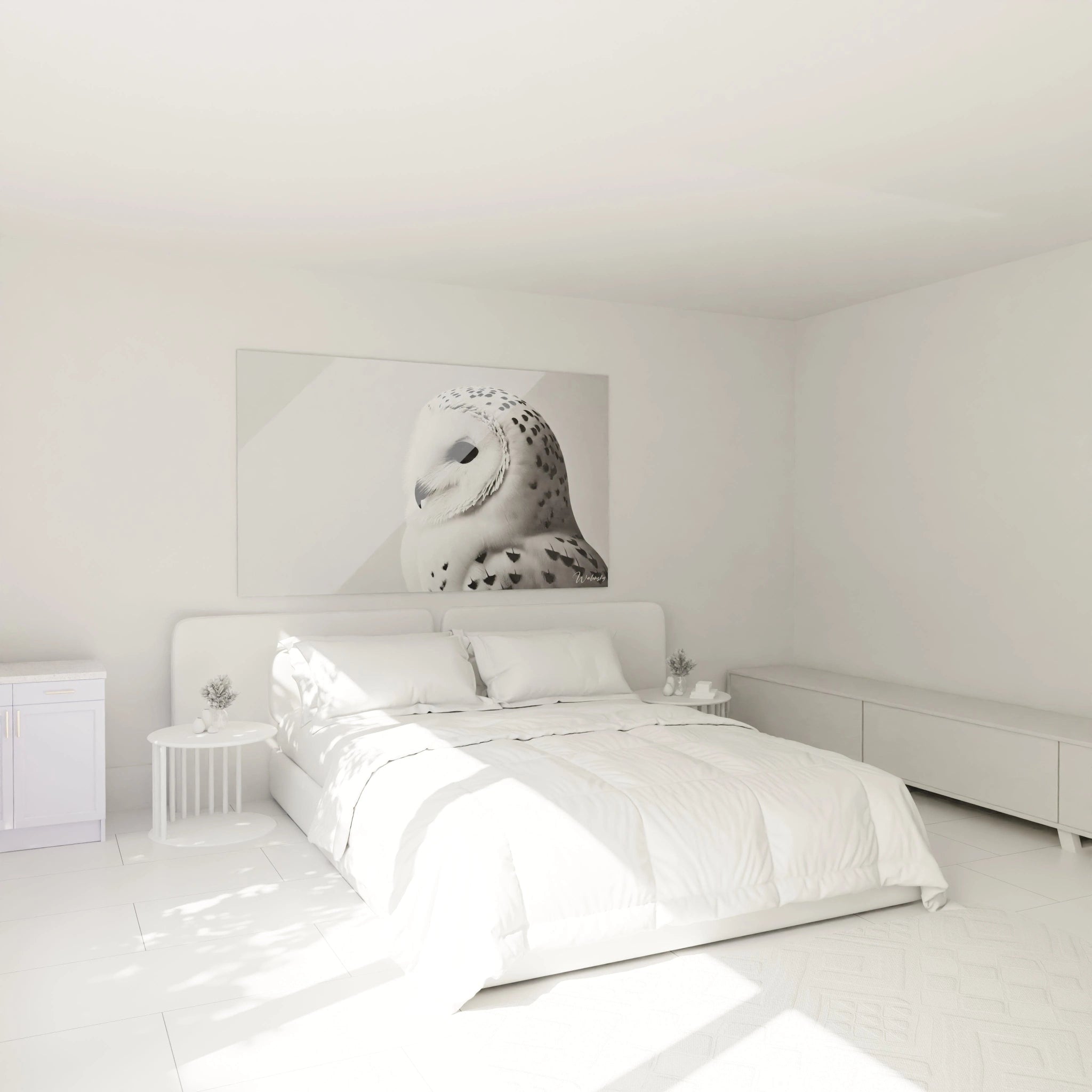 tableau chouette installe au dessus du lit pour une chambre a l atmosphere sereine et minimaliste. Le regard expressif de la chouette apporte calme et inspiration a votre espace nuit
