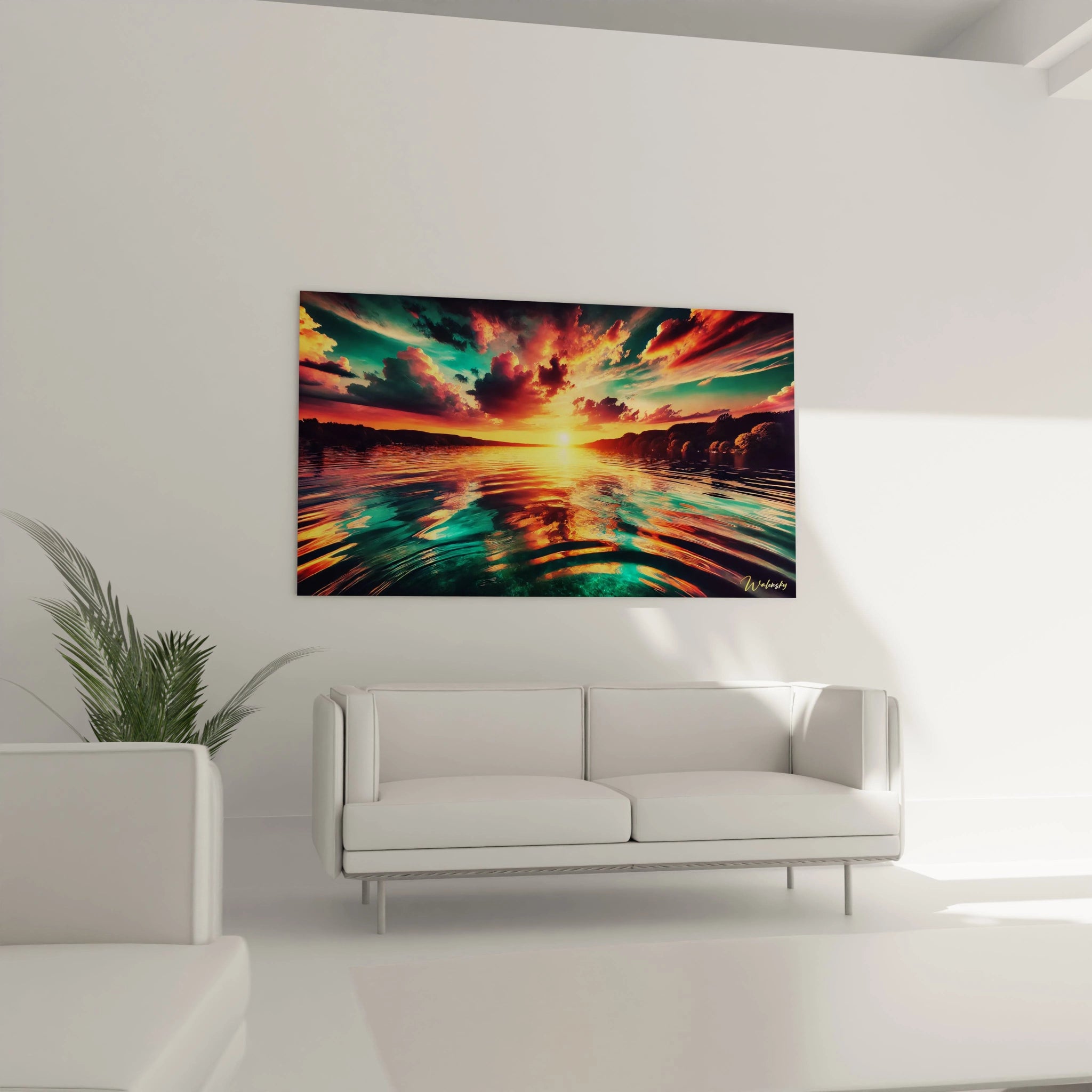 Dans le salon, le tableau Coucher de Soleil illumine l'espace au-dessus du canapé. Les teintes multicolores ajoutent une touche d'élégance et de chaleur à votre décor.