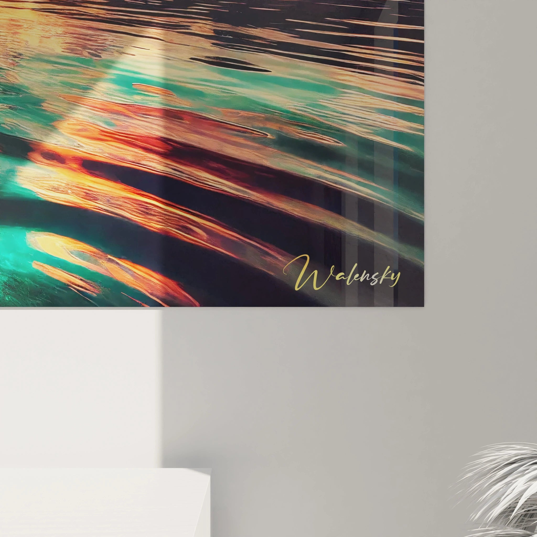 Une vue de près du tableau Coucher de Soleil révèle des détails fascinants. Les couleurs riches et les reflets évoquent un rêve coloré à explorer sans fin.