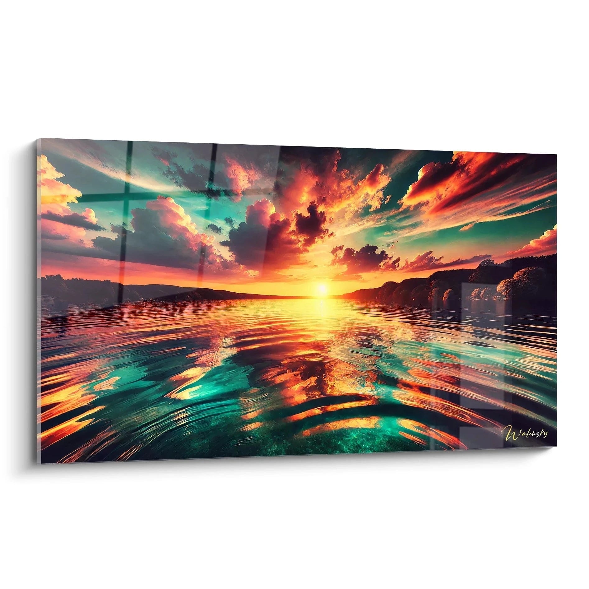 Admirez ce tableau Coucher de Soleil, présenté de biais, où la lumière fusionne avec les vagues, créant une palette vibrante qui capte la magie de l'instant.