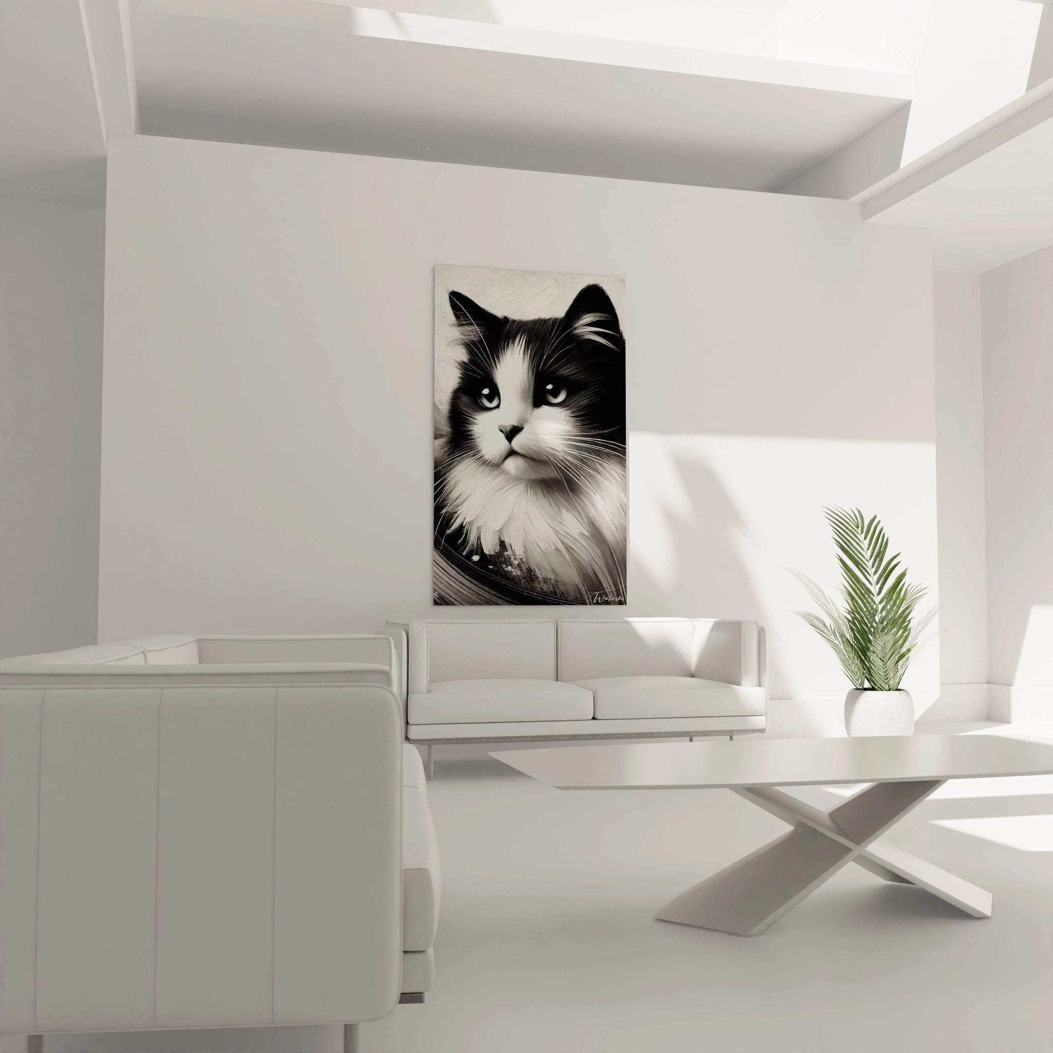Ce tableau chat monochrome installé au-dessus du canapé dans le salon crée une atmosphère à la fois élégante et mystérieuse. Idéal pour sublimer votre intérieur moderne et épuré.