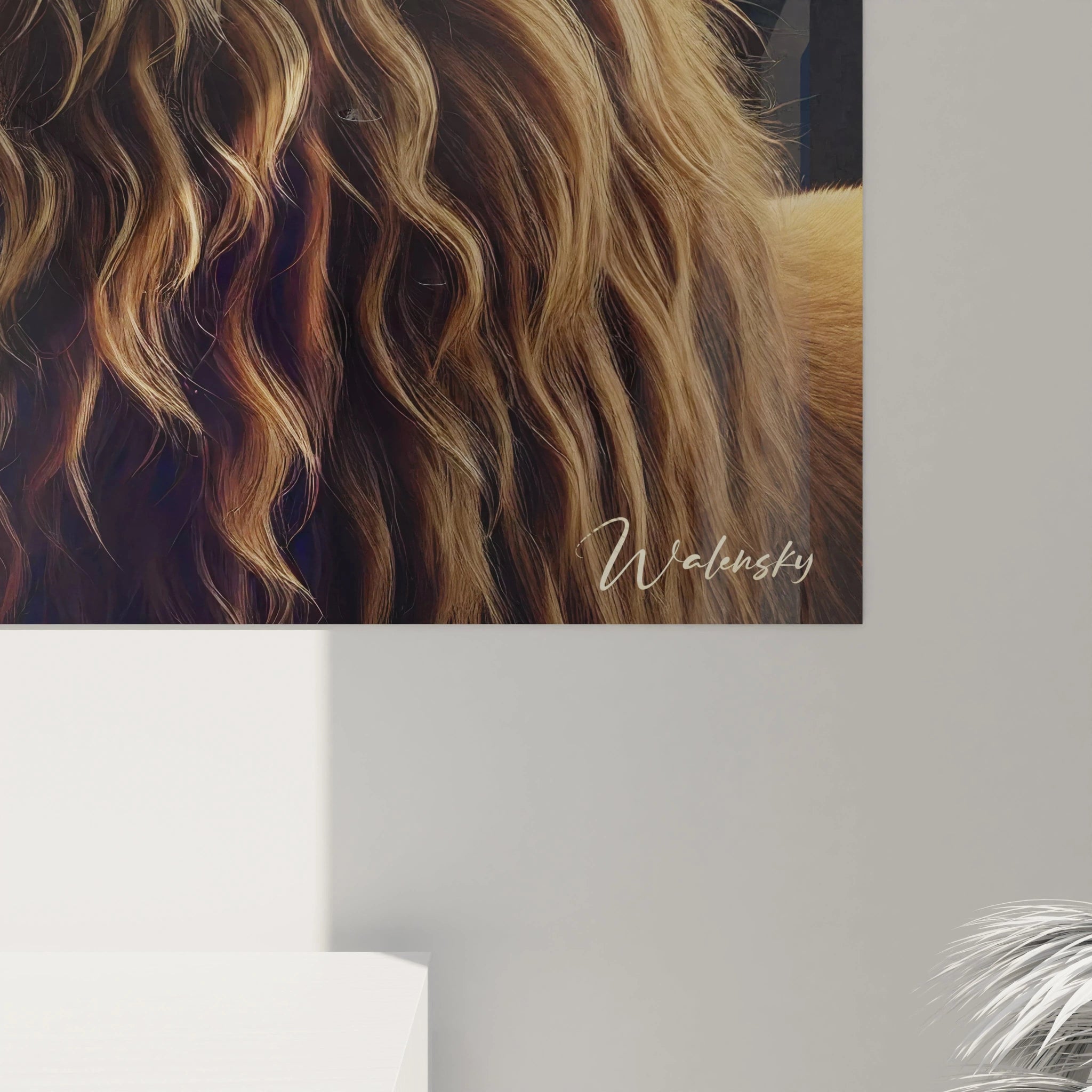 Vue rapprochée du tableau lion, détaillant la fluidité de sa crinière. La combinaison de couleurs chaudes évoque la chaleur de la savane et la profondeur du regard du lion.