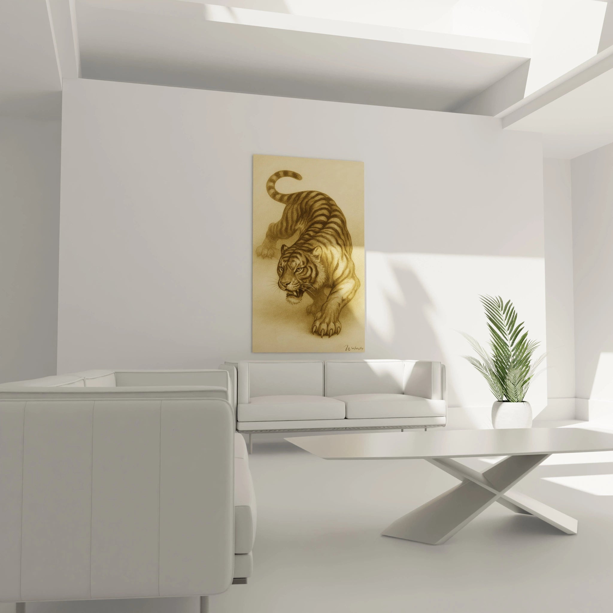 Un tableau tigre traditionnel capturant l'instant de tension avant l'attaque. Exécuté dans une palette monochrome de tons terre et dorés, il présente des contrastes subtils entre les zones détaillées du pelage et le fond plus estompé, évoquant les lavis orientaux.