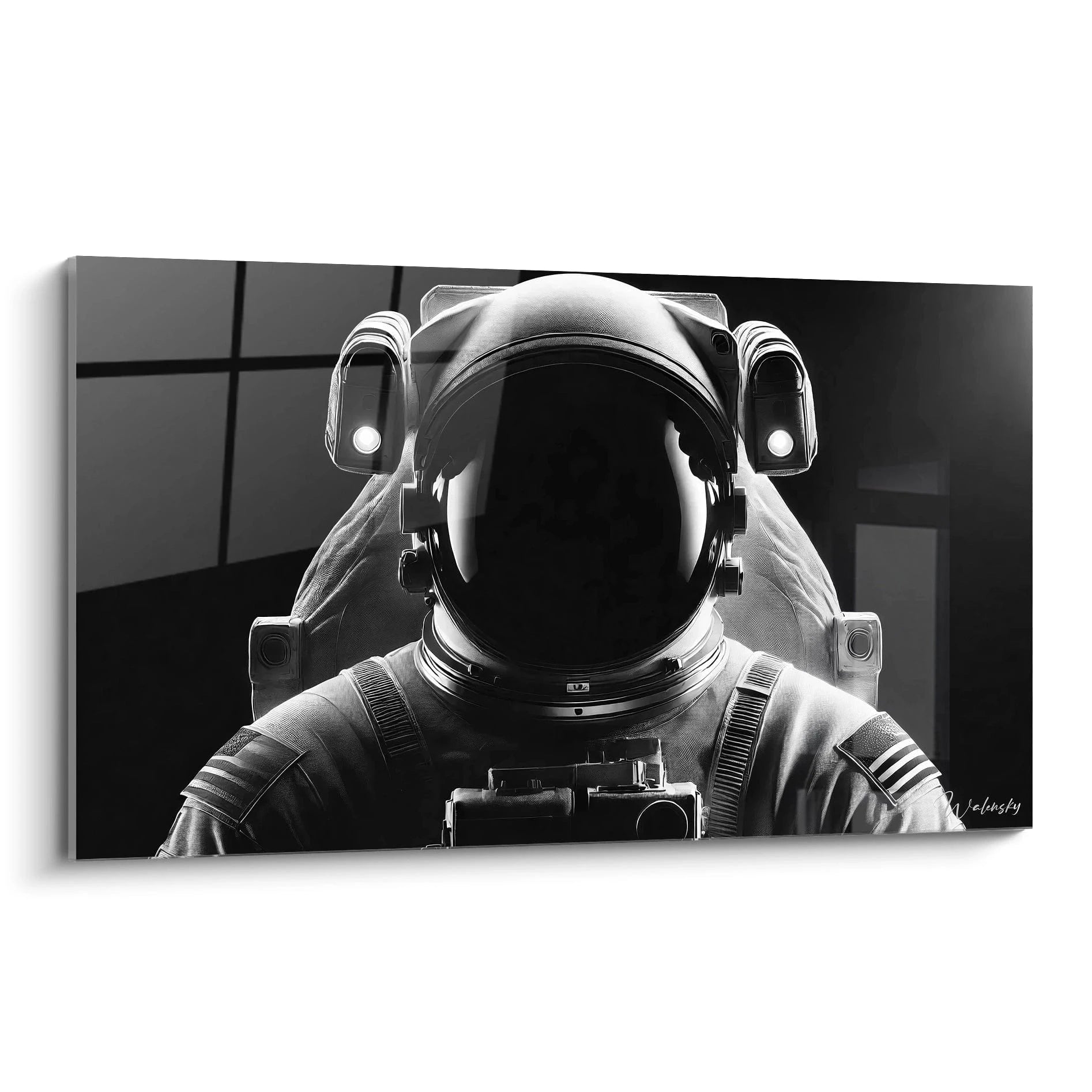 tableau noir et blanc vu de biais montre un astronaute dans l’espace reflets métalliques casque brillant ambiance futuriste exploration infinie hyperréalisme profond contraste noir blanc saisissant