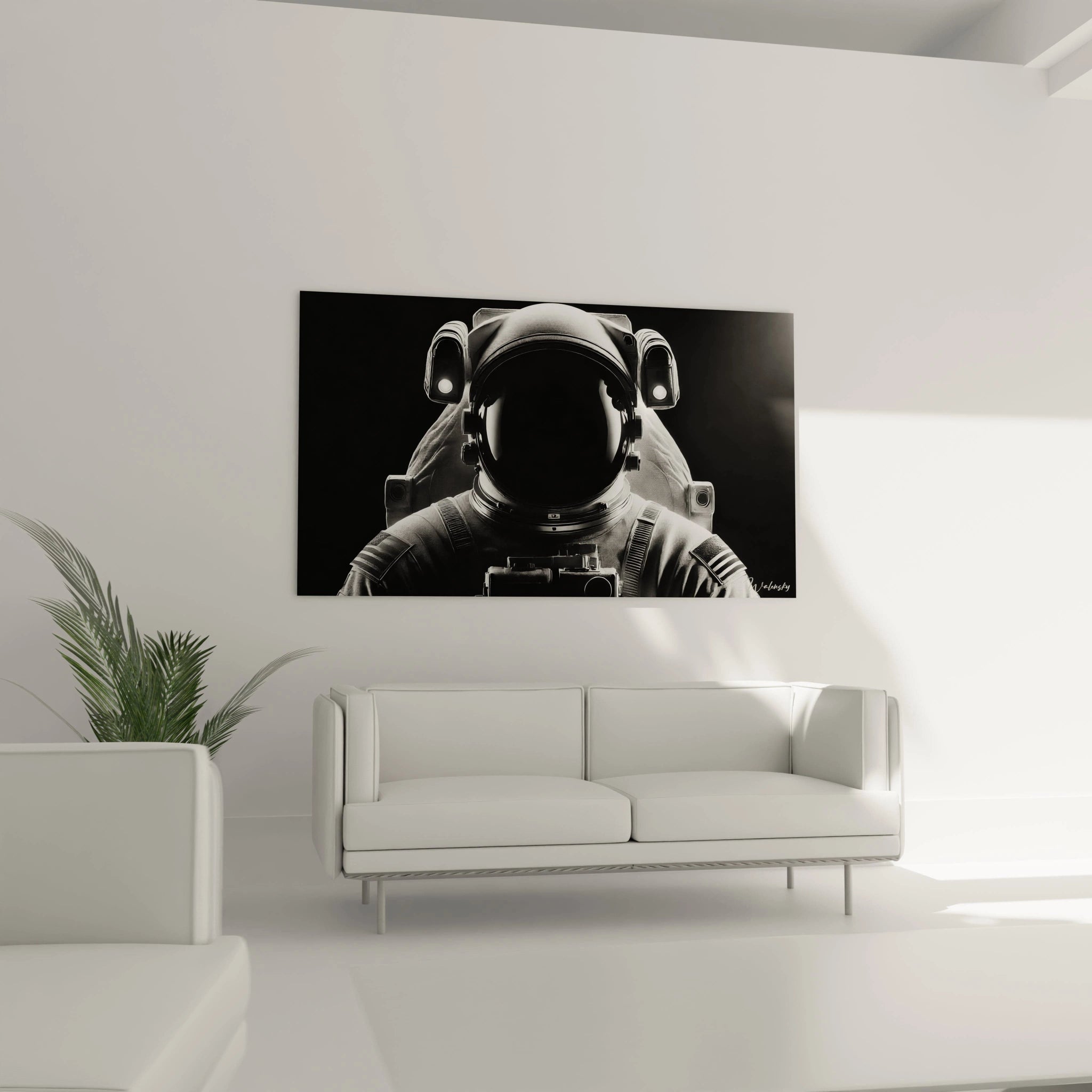 tableau noir et blanc au mur d’un salon au-dessus d’un canapé point focal captivant représentant un astronaute isolé dans l’espace reflets métalliques réalisme saisissant style futuriste minimaliste exploration