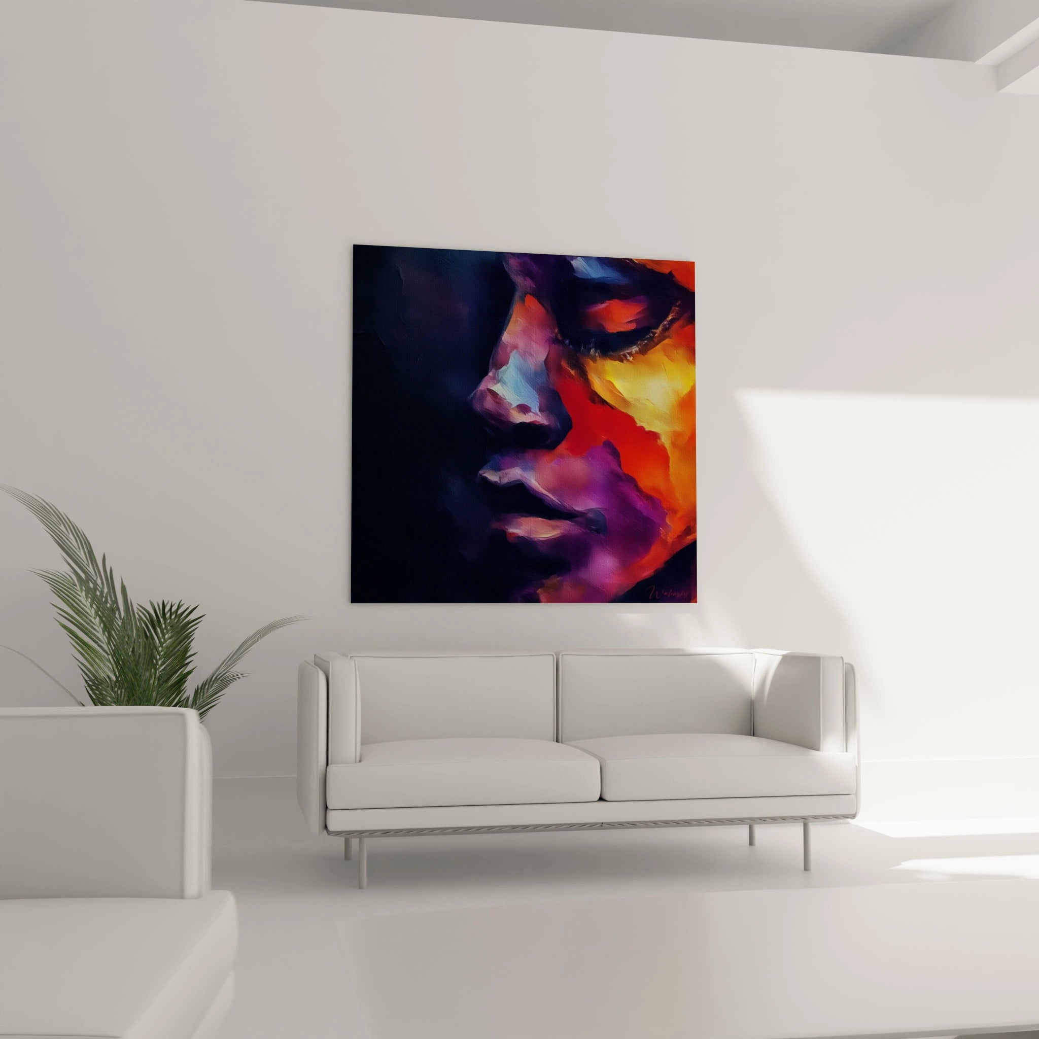 Tableau visage africain moderne de Walensky accroché au mur dans un salon contemporain