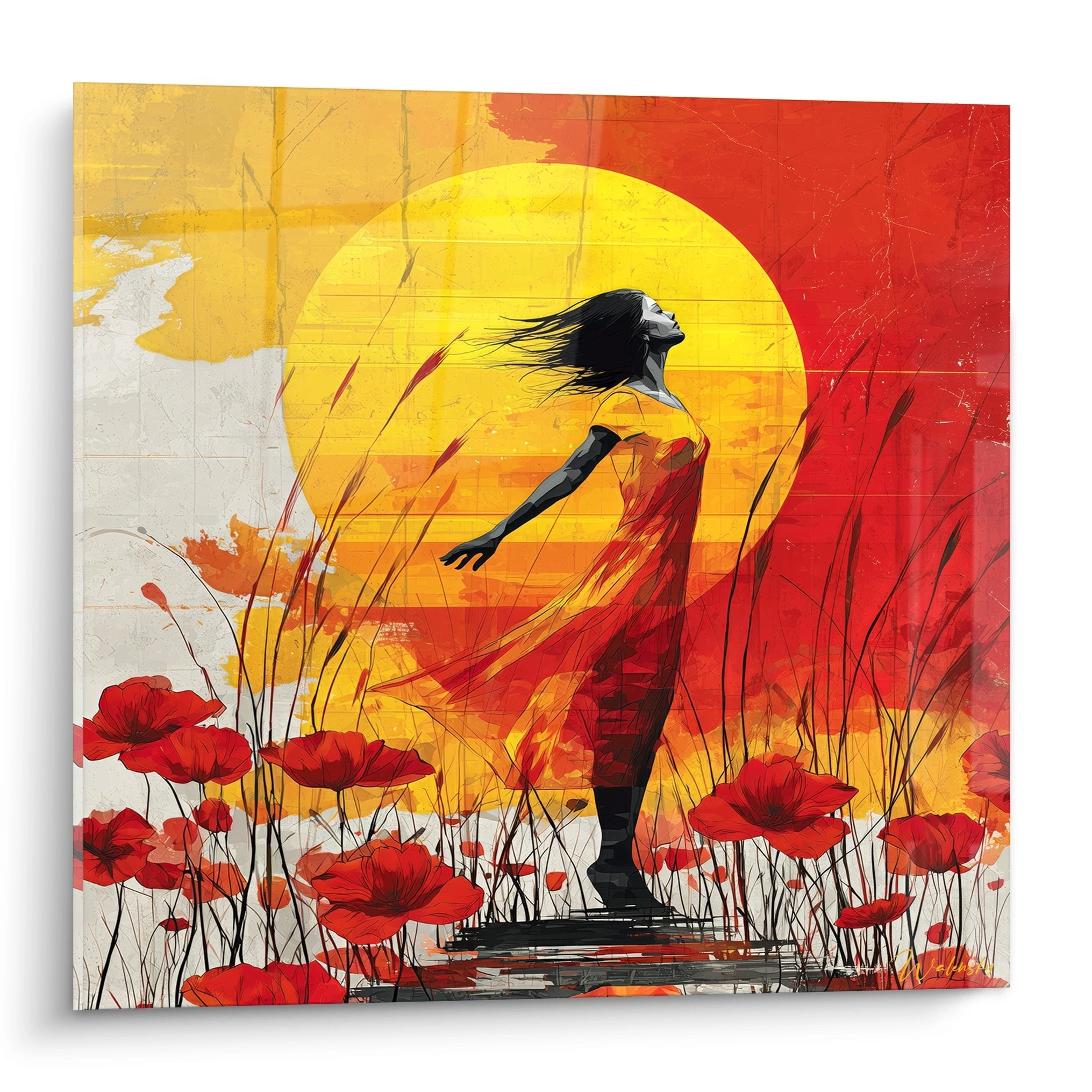 Tableau silhouette femme coucher soleil orange rouge coquelicots art moderne edition coquelicot