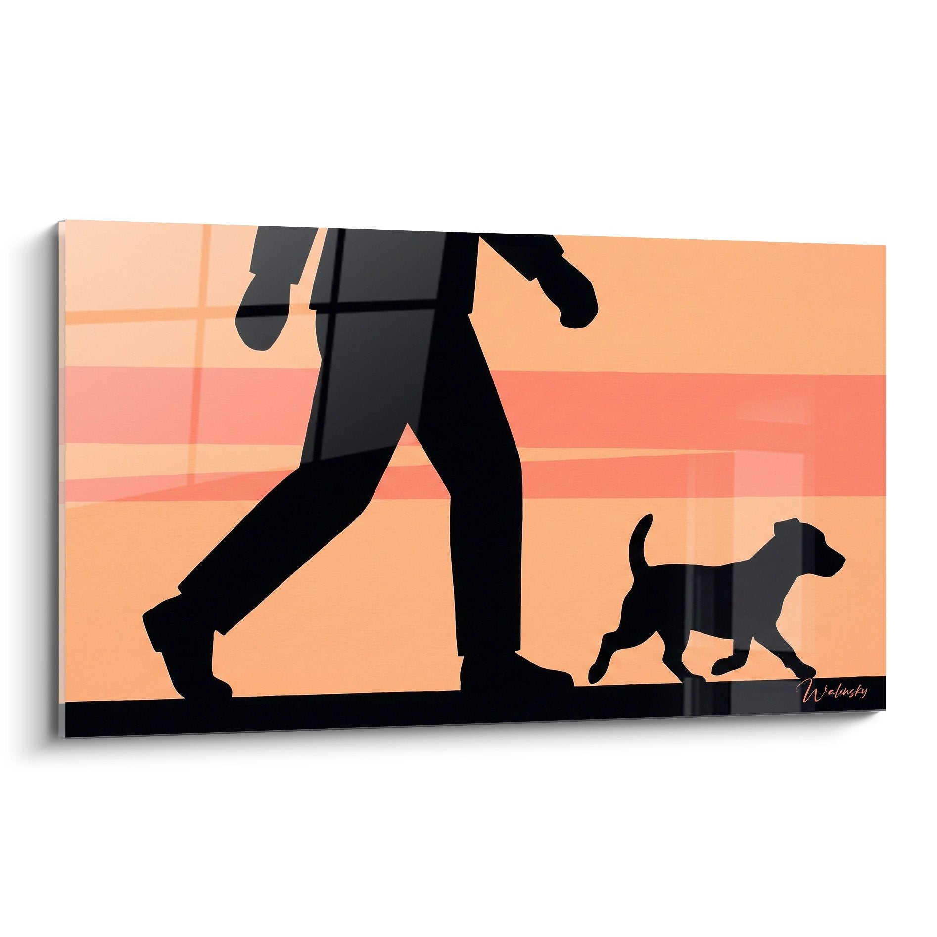 Silhouette noire homme et Jack Russel Terrier marchant sur fond orange coucher de soleil tableau moderne