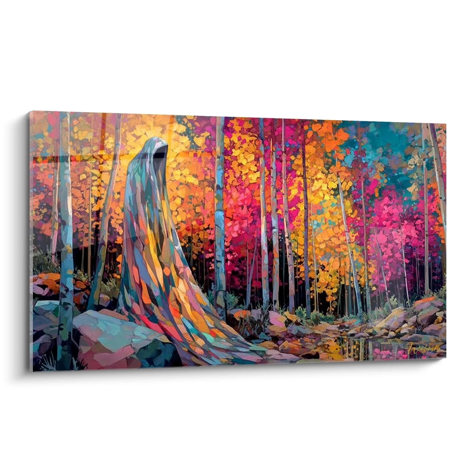 Tableau banshee silhouette mystérieuse dans forêt automnale colorée aux teintes vives orange rouge jaune