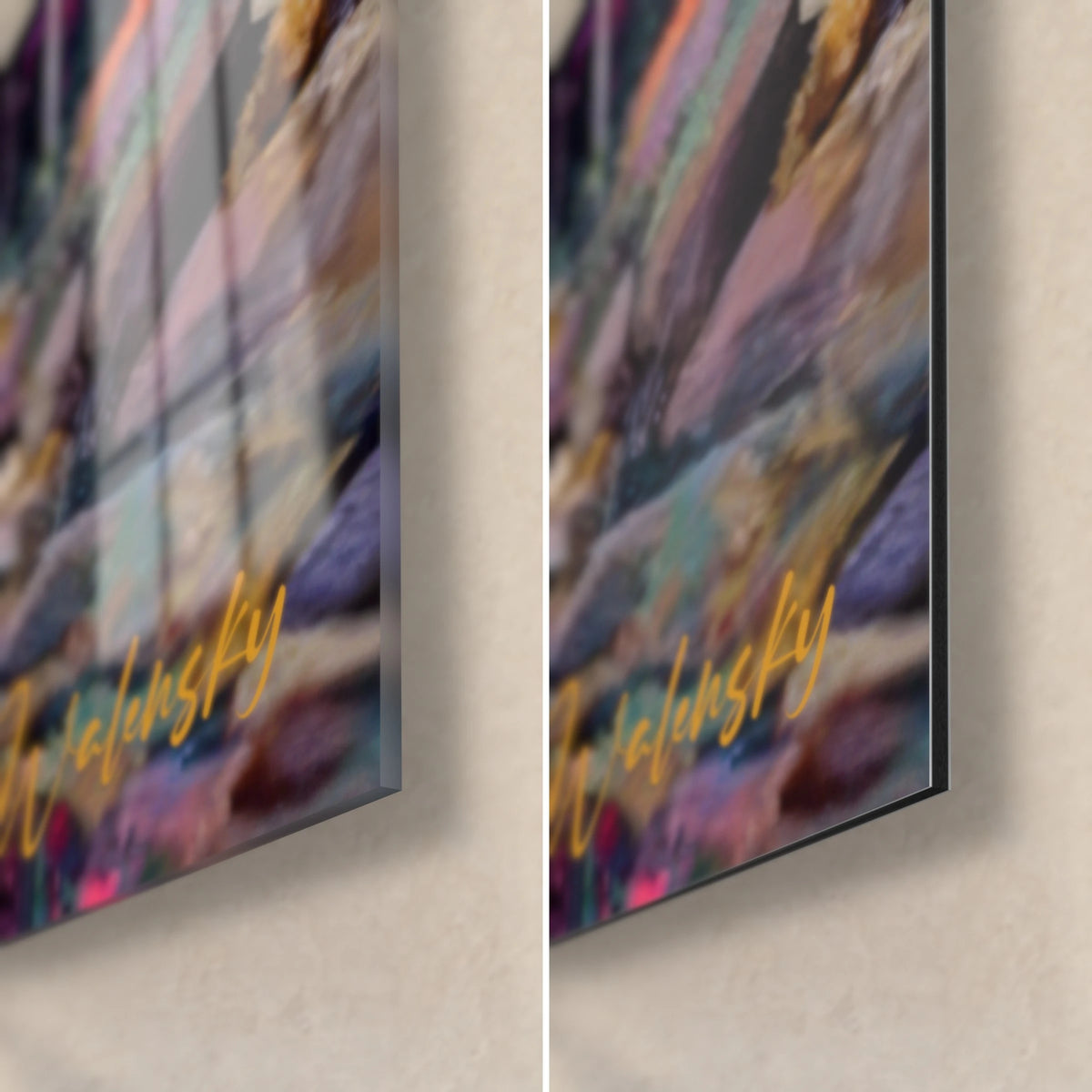 Schilderij Veelkleurig gecapuchonde fantoom, rechtsonder: glanzend acrylglas links, mat Dibond rechts, 3 mm randdikte
