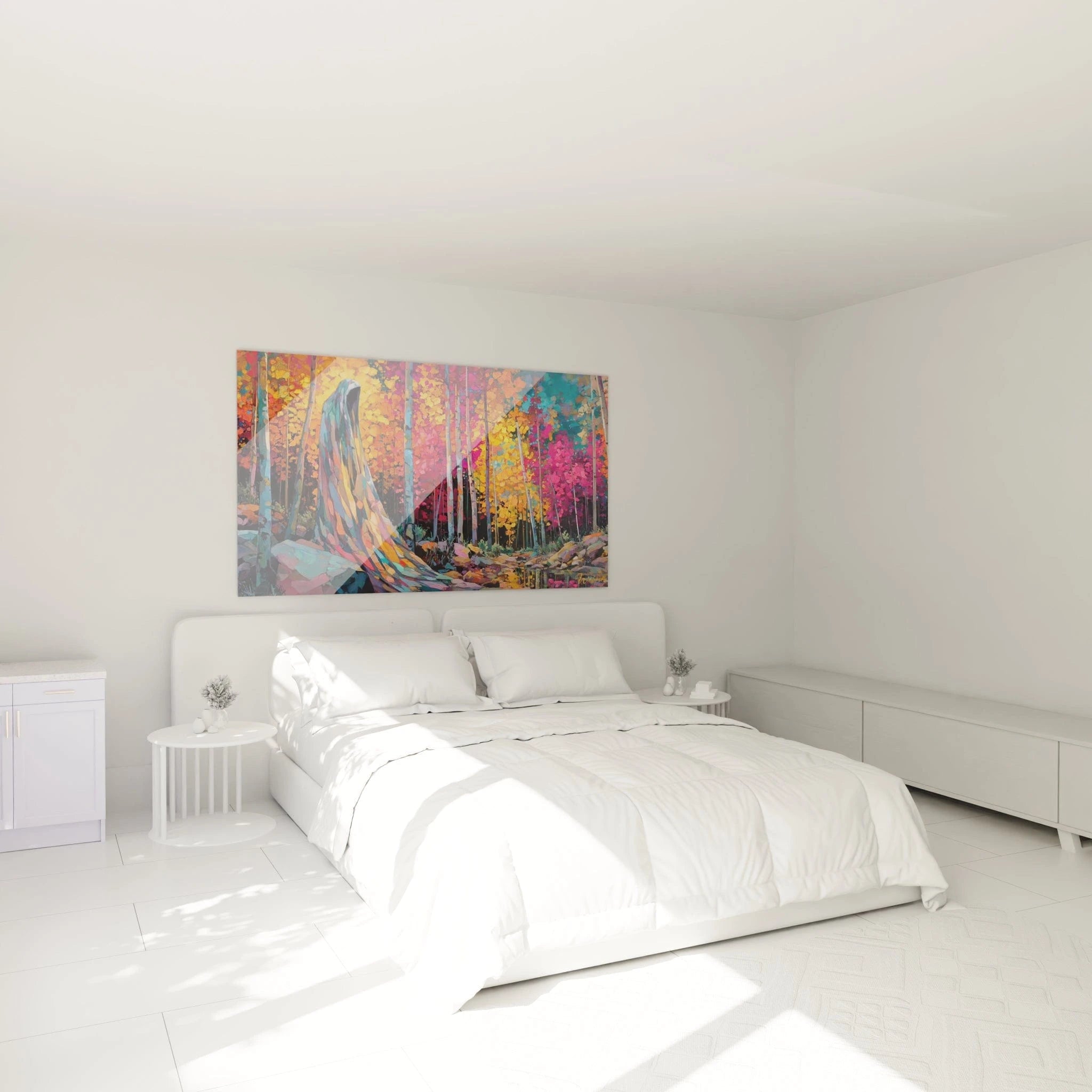 Tableau mural banshee silhouette forêt décorant une chambre moderne avec ambiance chaleureuse automnale