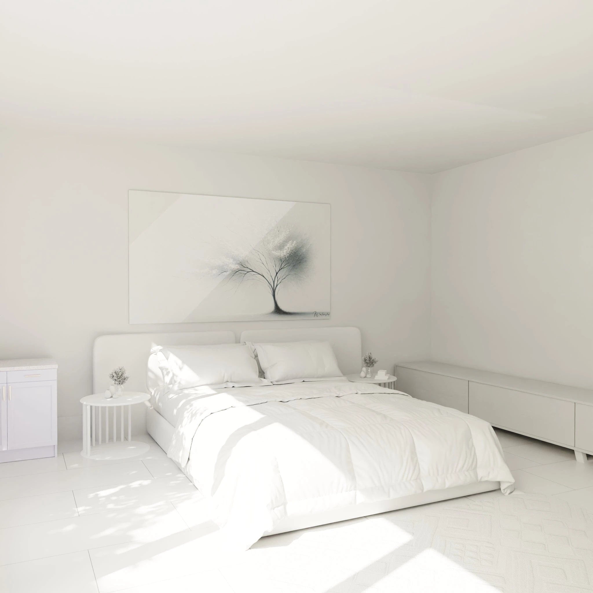 Tableau abstrait figurant un arbre élégant aux tons monochromes. Dominantes de noir, blanc et nuances de gris sur fond clair. Structure asymétrique avec tronc fin et branches ramifiées portant de petites fleurs blanches. Surface épurée avec effet de flou progressif créant une ambiance éthérée et contemplative.