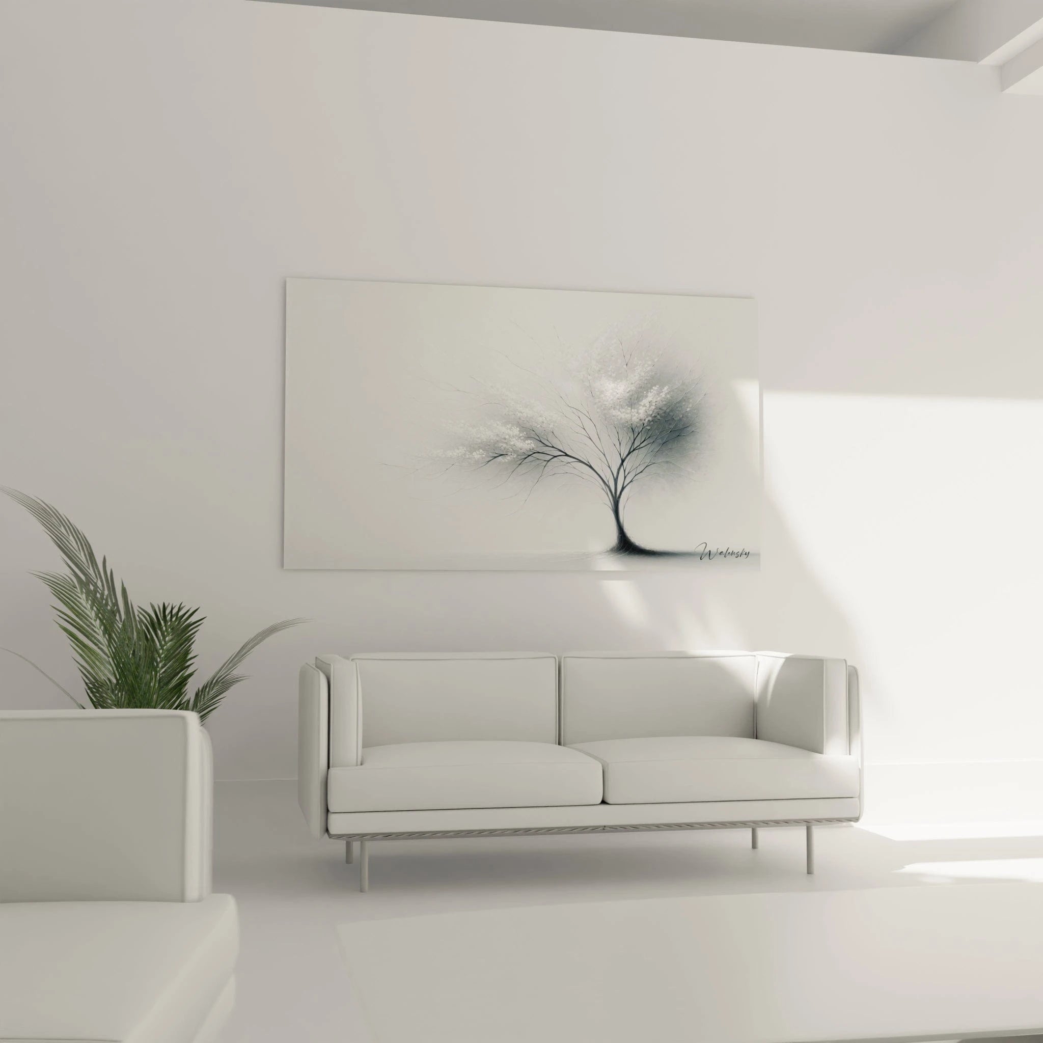 Tableau abstrait montrant un cerisier stylisé dans un environnement brumeux. Palette limitée aux gris subtils, noir profond et blanc lumineux. Effet visuel de délicatesse obtenu par traits fins pour les branches et pointillisme pour les fleurs. Composition centrée sur l'arbre isolé avec ombre discrète au sol et dégradé de gris créant une atmosphère sereine.