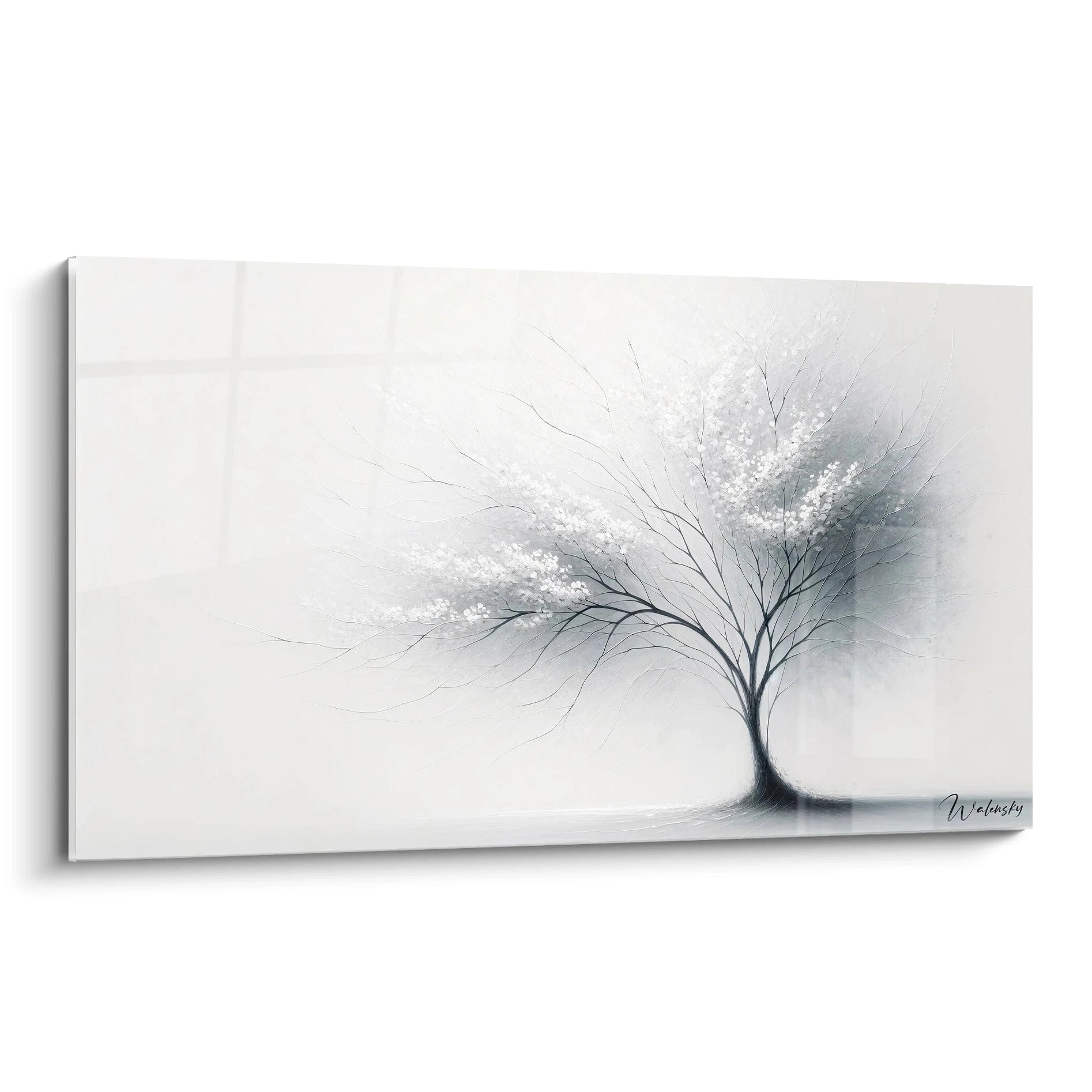 Tableau abstrait représentant un arbre solitaire aux branches délicates sur fond gris pâle. Silhouette noire fine avec ramifications graciles et feuillage suggéré par petites touches blanches. Texture vaporeuse créant un effet de brume légère autour de l'arbre. Composition minimaliste avec tronc élancé et couronne florale blanche évoquant un cerisier en fleurs.