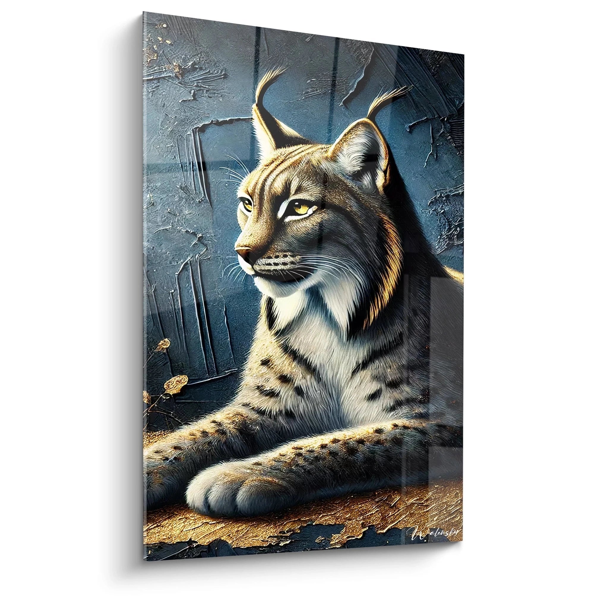 Ce tableau lynx met en avant la beauté féline et la majesté de cet animal sauvage. Son regard intense et son pelage détaillé captivent, offrant une vue de biais fascinante.