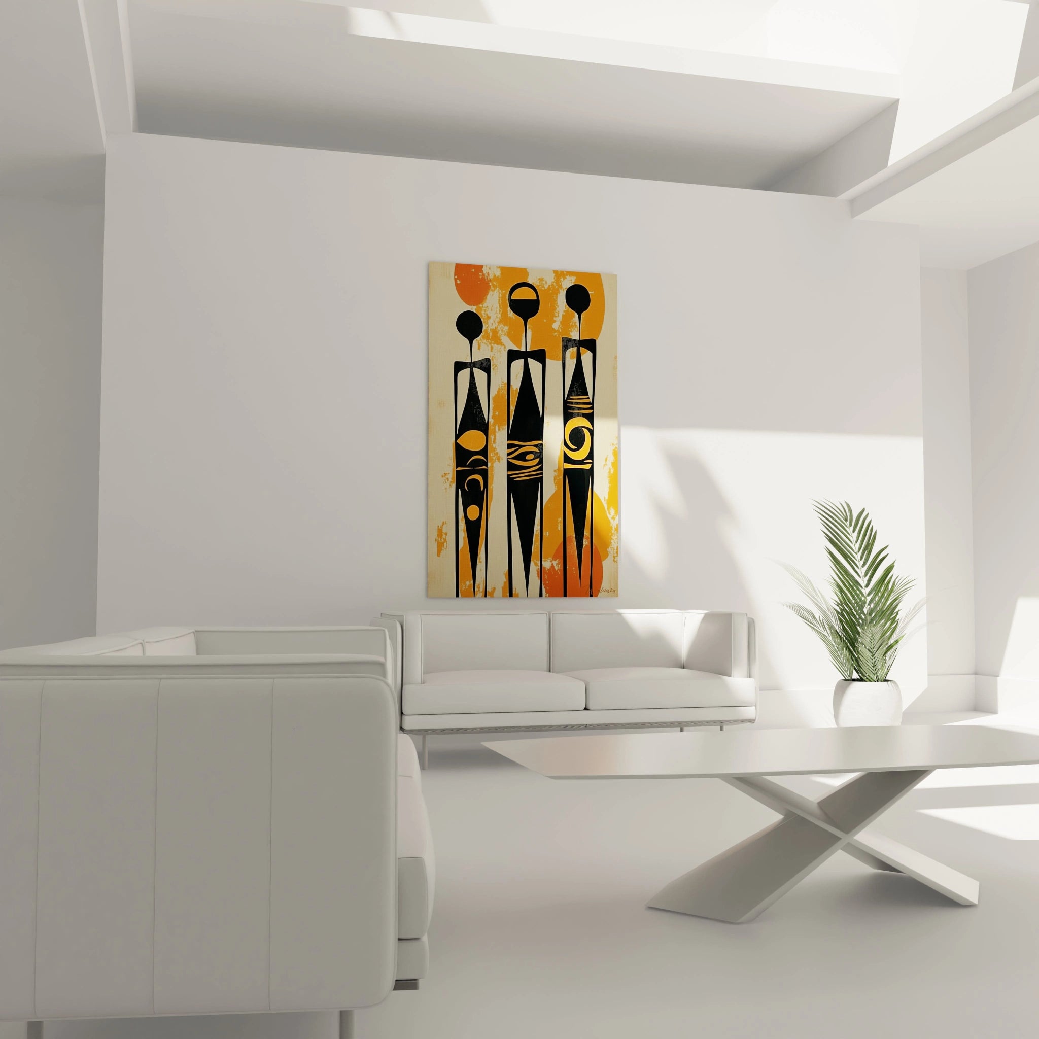 Tableau africain mural Walensky avec silhouettes noires et motifs orange dans un salon moderne