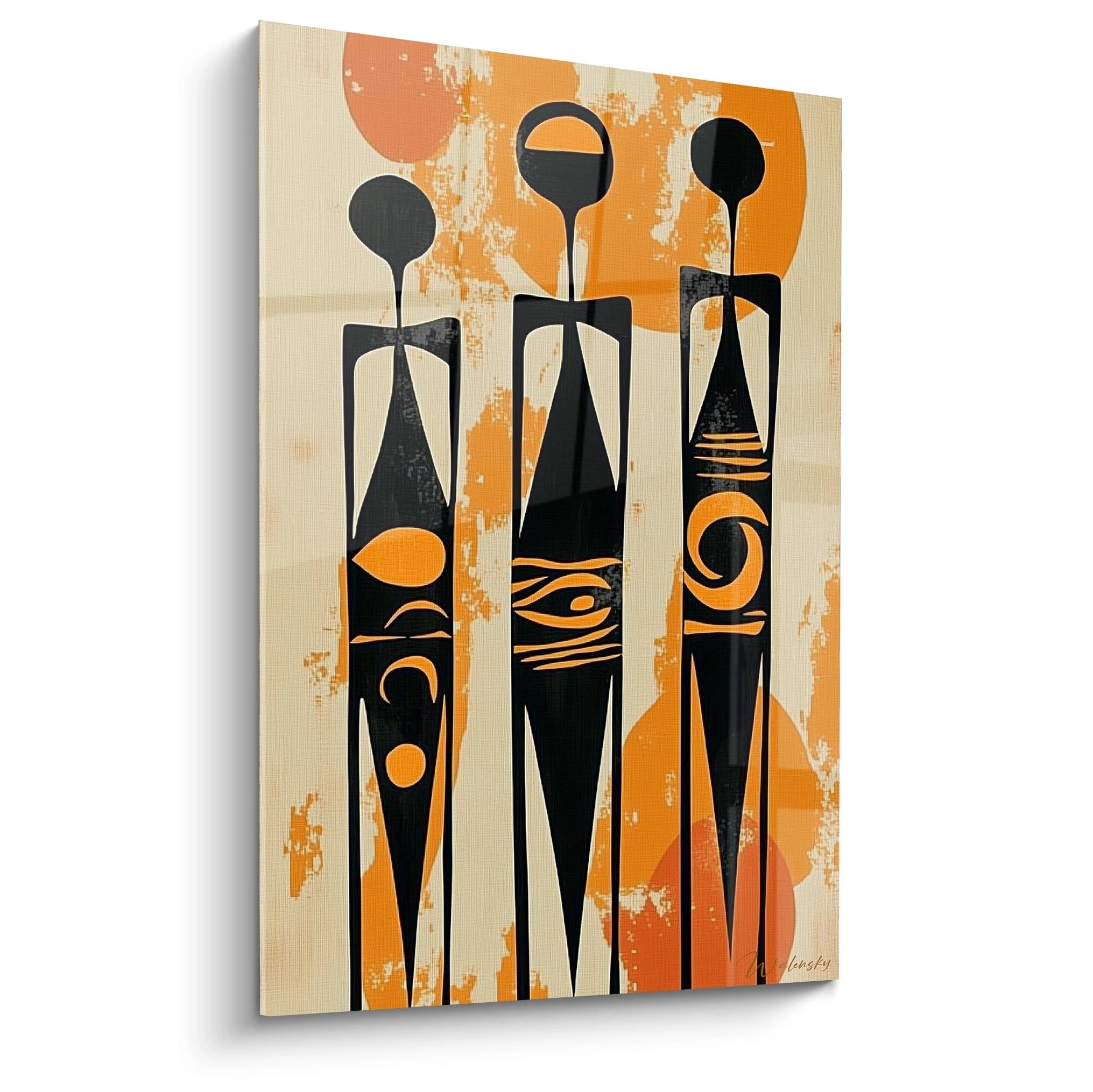 Tableau africain mural Walensky représentant trois figures stylisées en noir et orange sur fond beige
