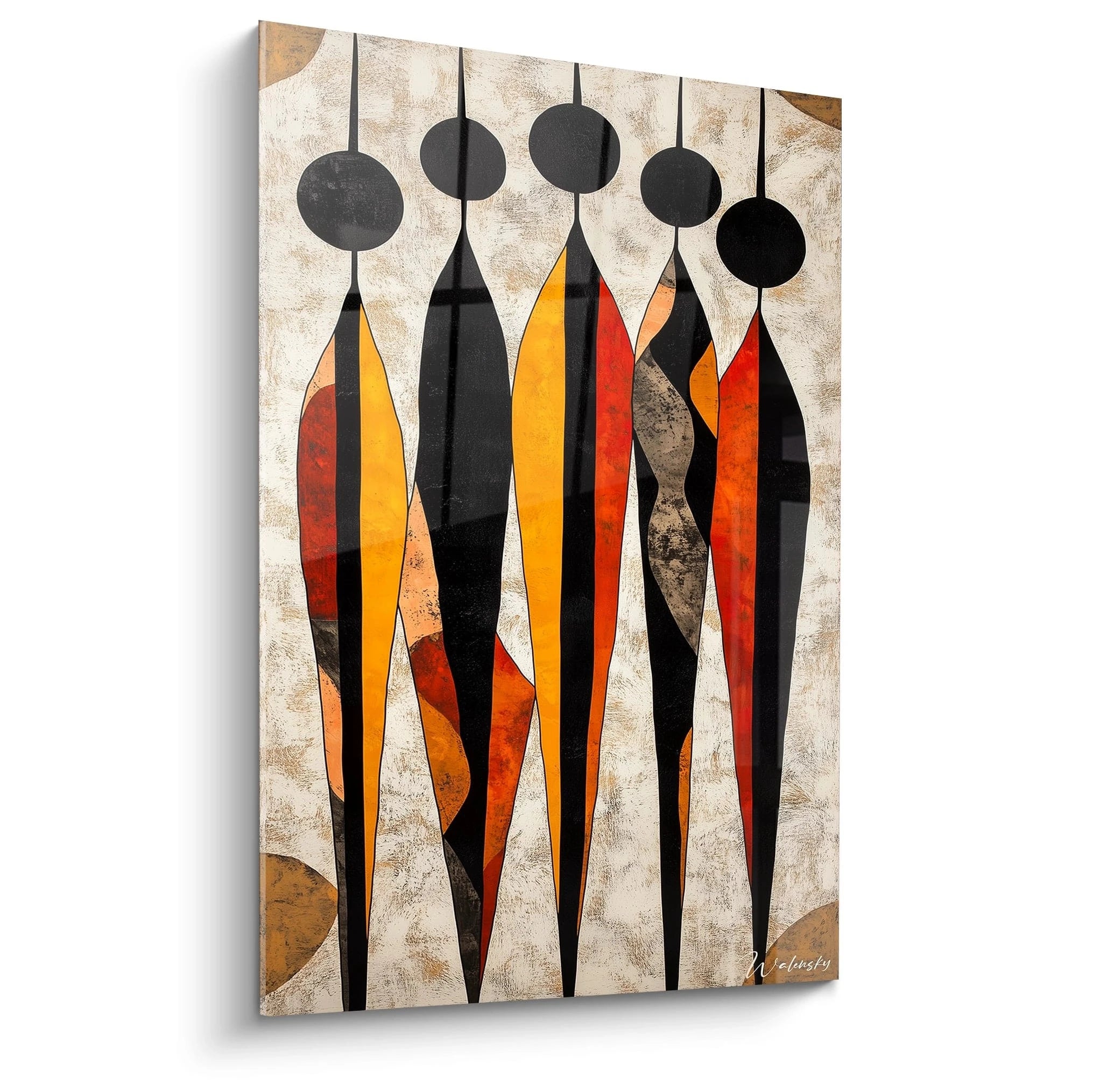 Tableau africain mural abstrait Walensky avec silhouettes allongées en noir, orange et rouge