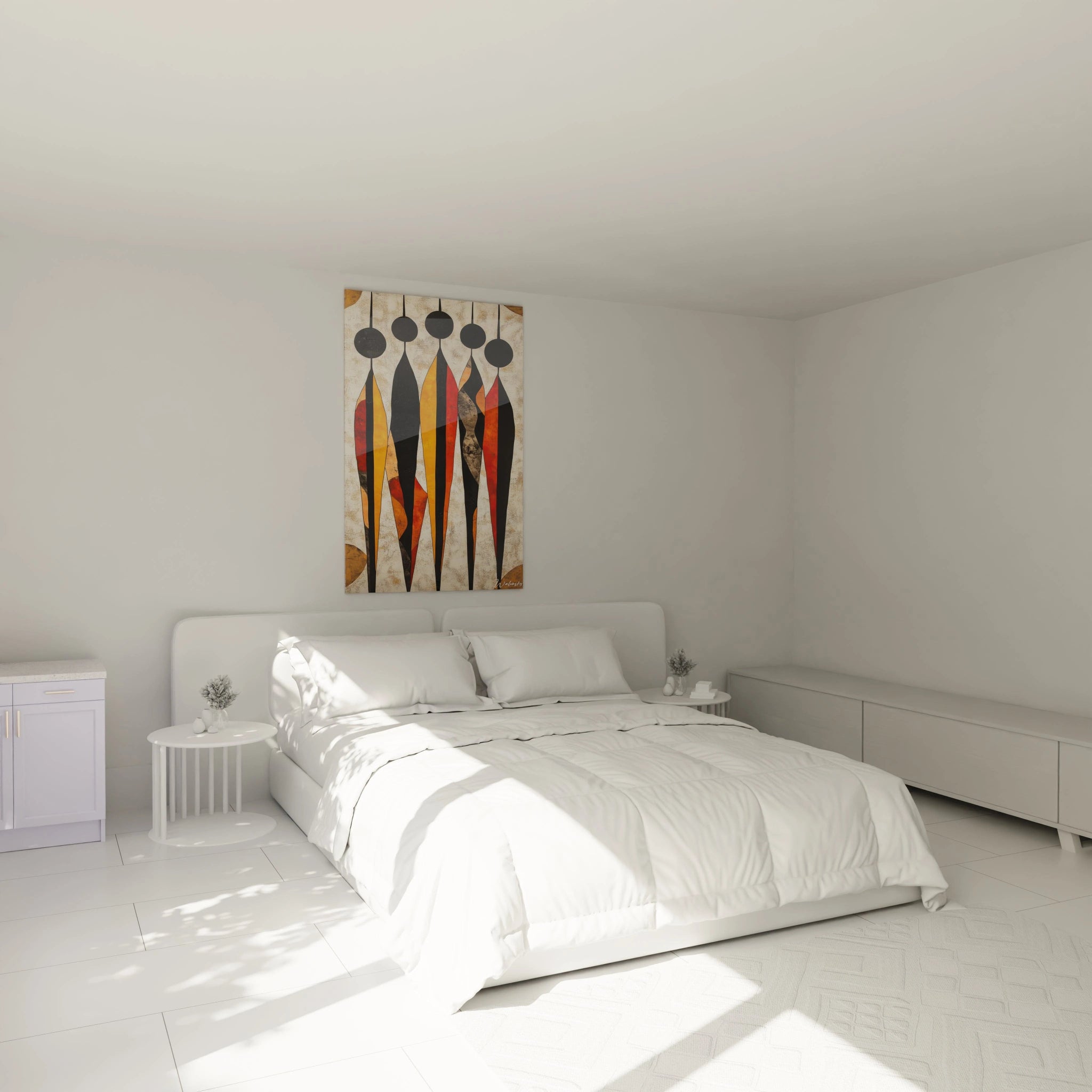 Tableau africain mural coloré Walensky décorant une chambre moderne avec lit blanc