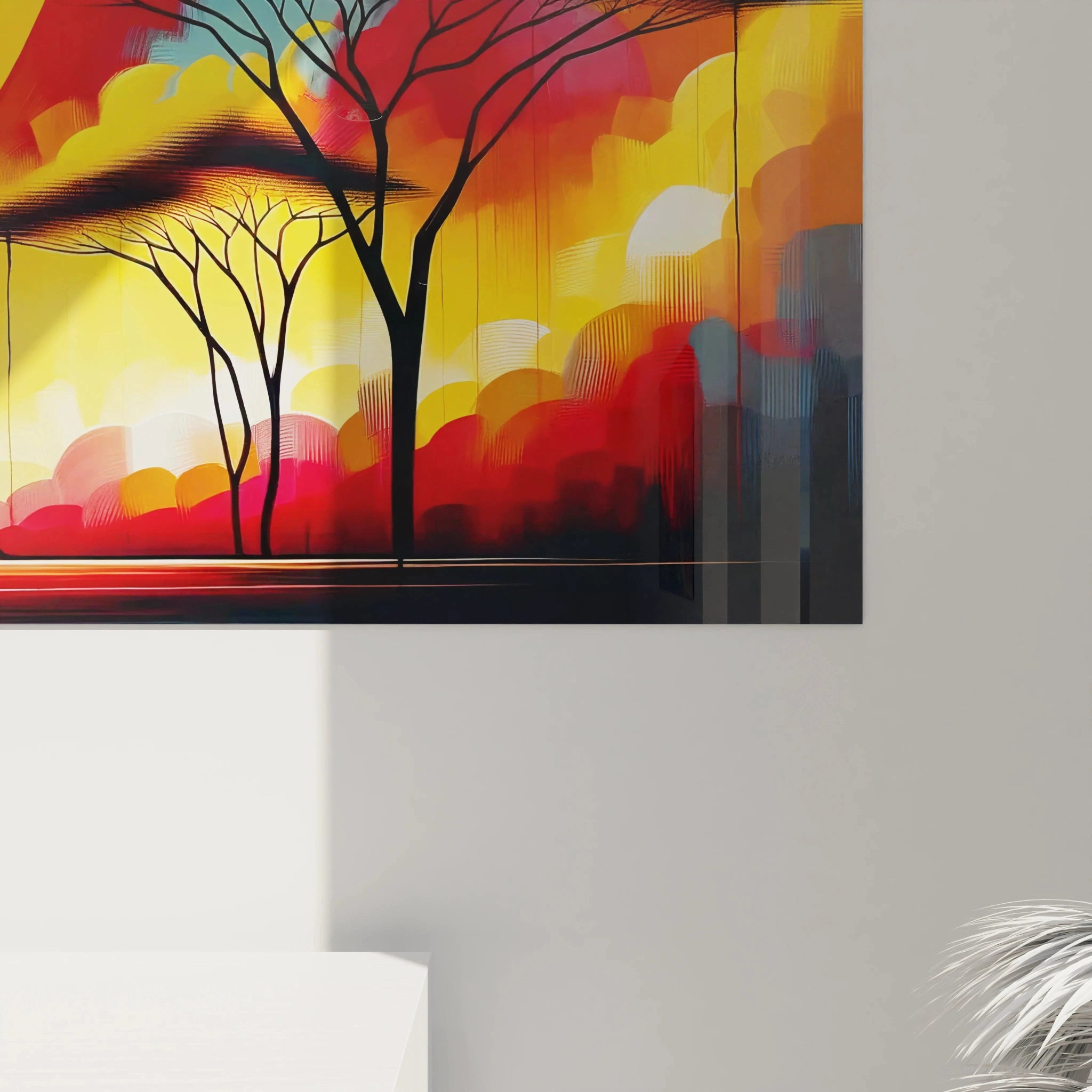 Vue rapprochée du tableau africain, où les lignes fluides et les silhouettes noires contrastent avec l'éclat des couleurs chaudes, symbolisant l'harmonie entre l'homme et la nature.