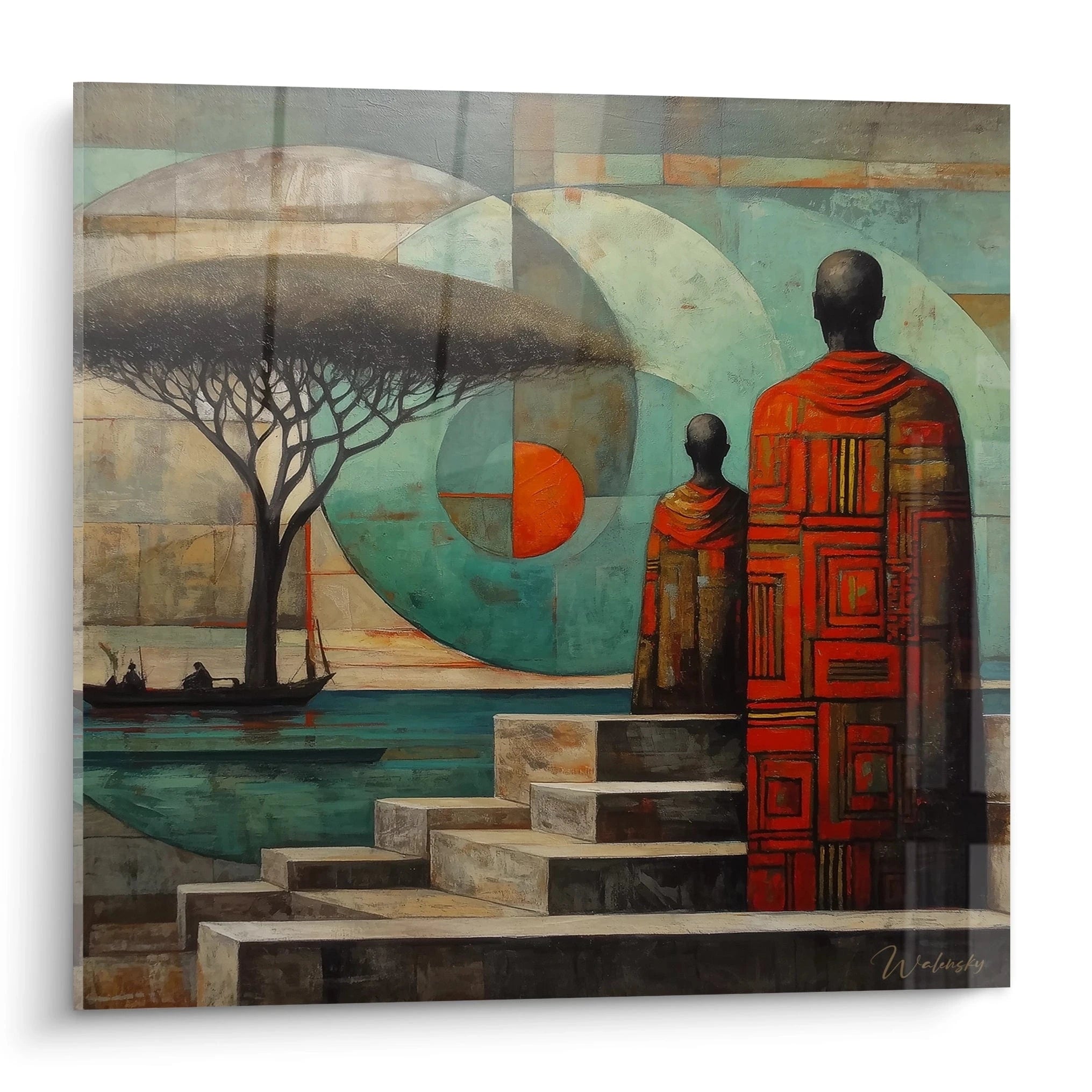 Tableau africain contemporain de Walensky avec silhouettes devant un arbre et un paysage maritime