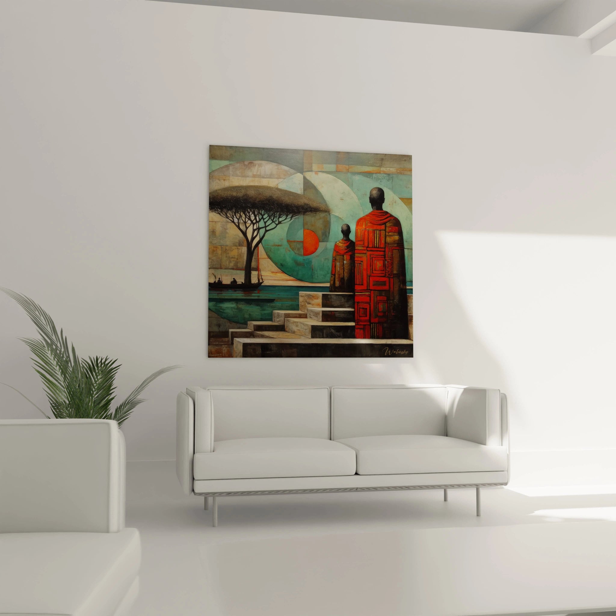 Tableau africain contemporain de Walensky avec des personnages devant un arbre et un lac