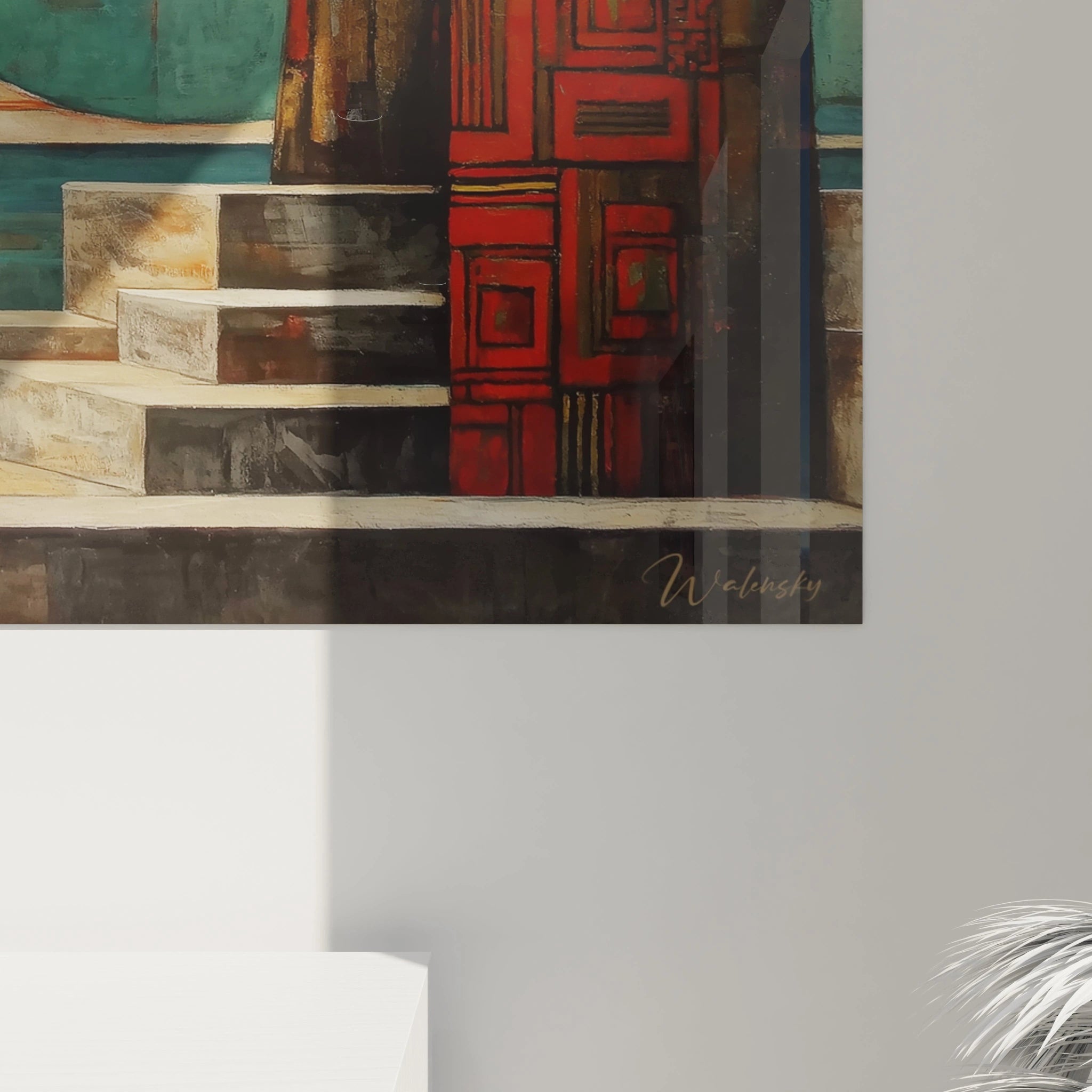 Tableau africain contemporain de Walensky avec des couleurs vives et des motifs abstraits.