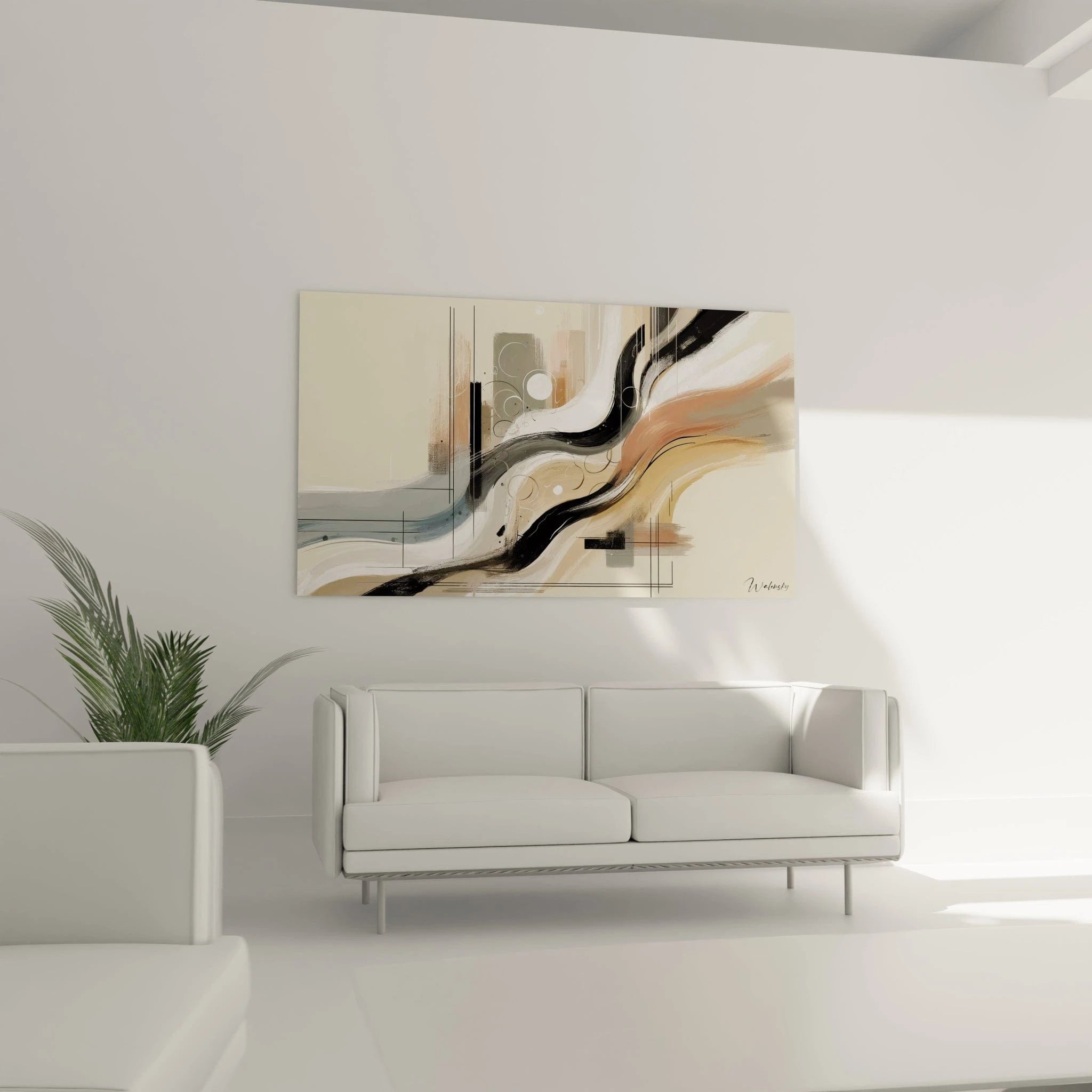 Un tableau abstrait de flux sinueux géométriques. Les couleurs principales sont beige clair, noir charbon, blanc nacré et rose saumon. La texture montre des bandes courbes à l'aspect satiné qui traversent horizontalement la composition, entrecoupées d'éléments graphiques épurés comme des lignes droites fines, des rectangles et des formes circulaires qui créent un équilibre entre mouvement et structure.